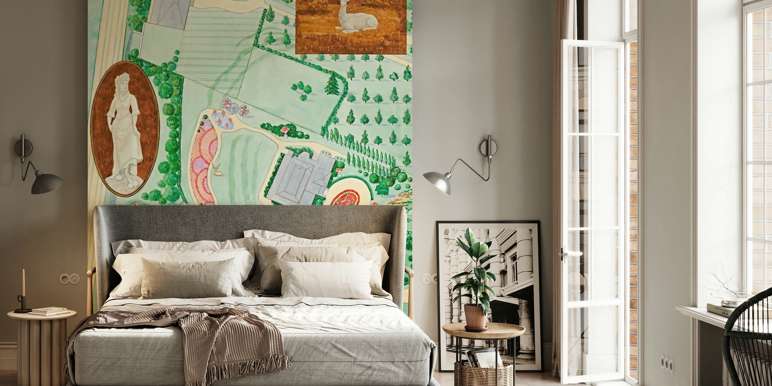 Illustratief fotobehang van een koninklijke tuin met verzorgde gazons, sierlijke paden en rustige natuurtaferelen in pastelkleuren