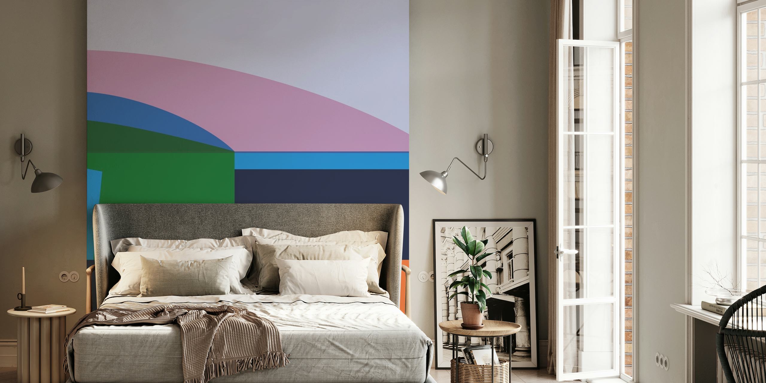 Abstraktní geometrická nástěnná malba s uklidňujícími barevnými bloky v odstínech růžové, zelené, modré a oranžové