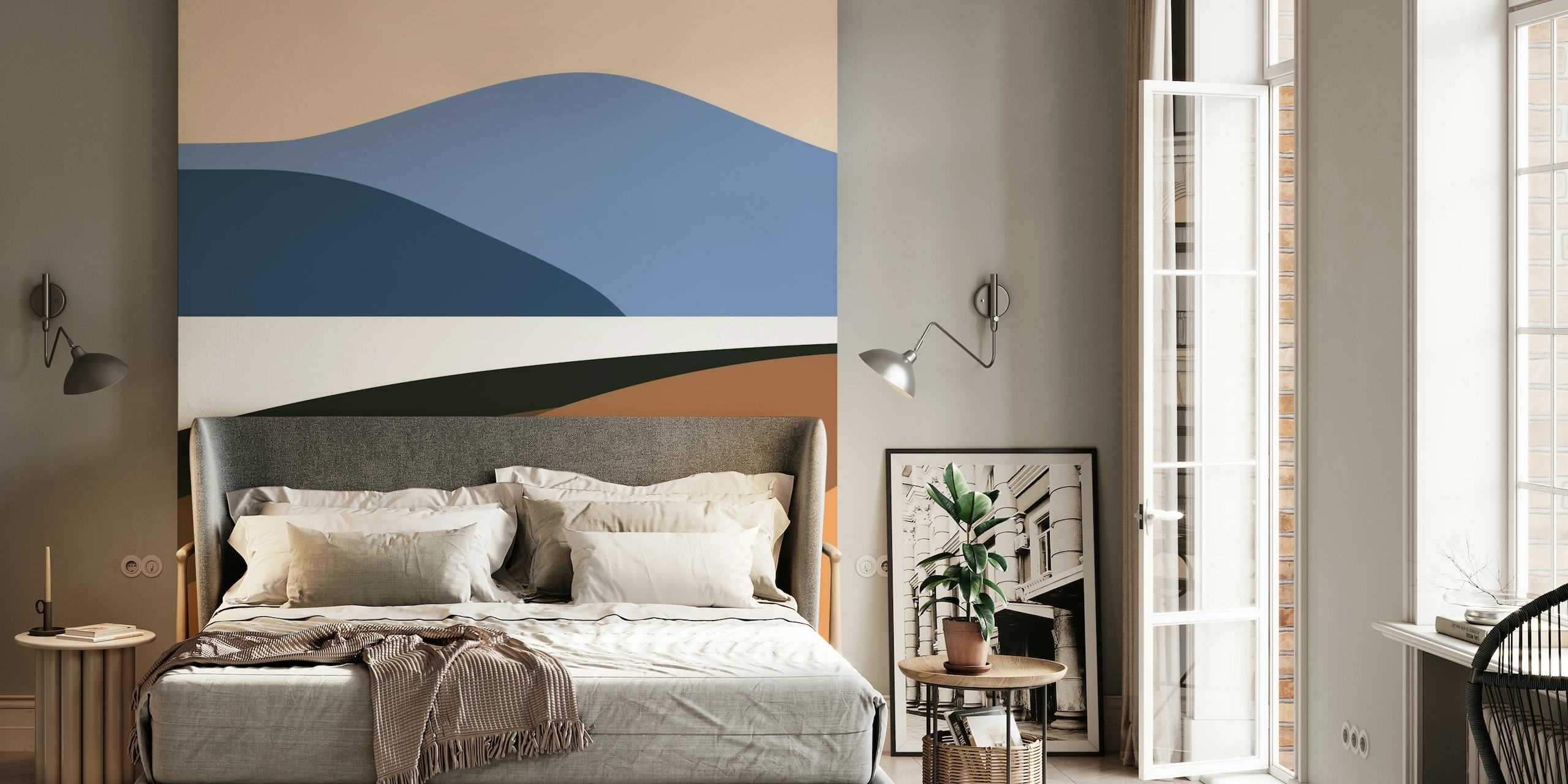 Abstract sunset over the mountains wall mural with warm color palette