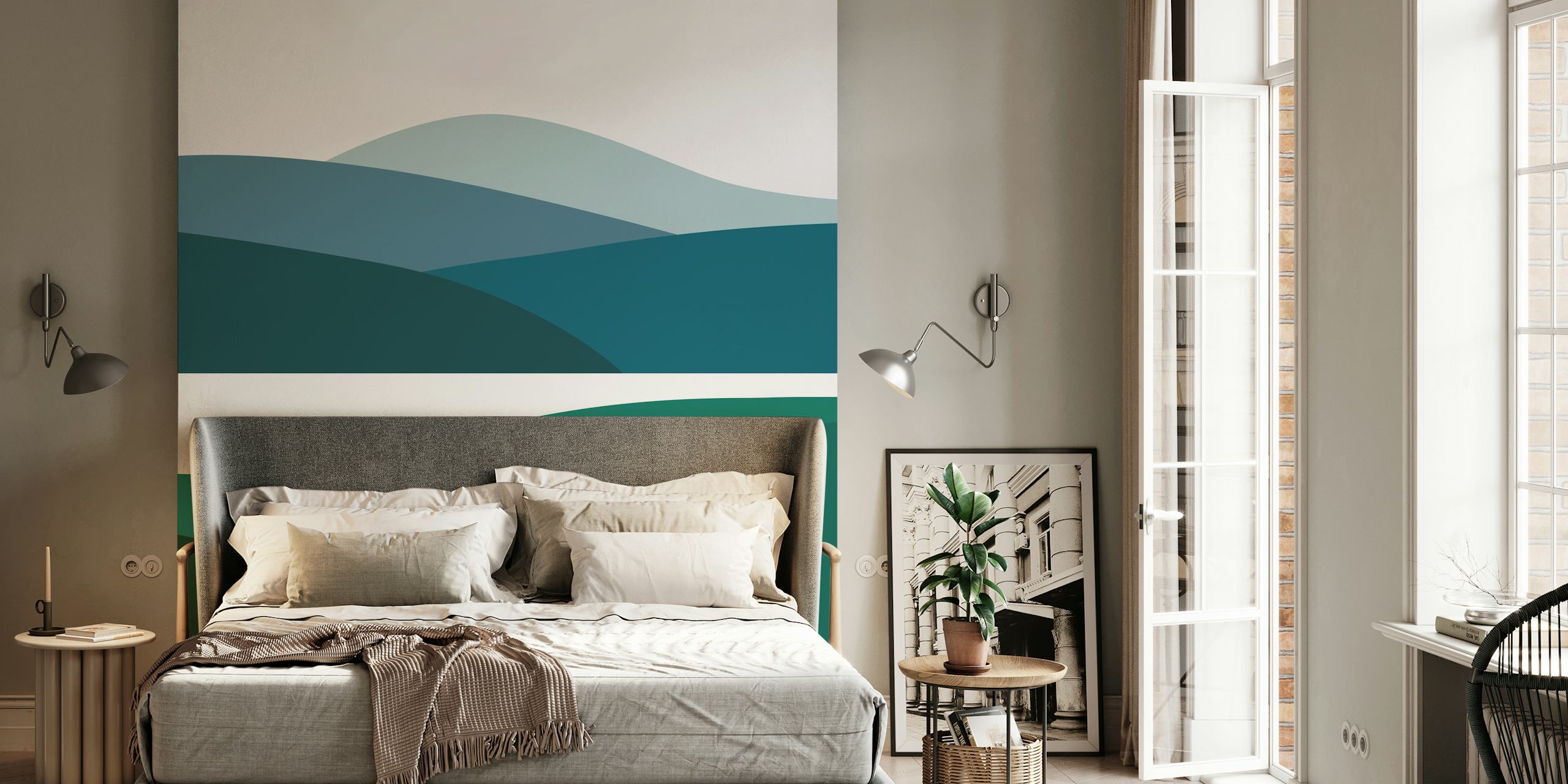 Abstract mountain landscape wall mural in shades of blue and green