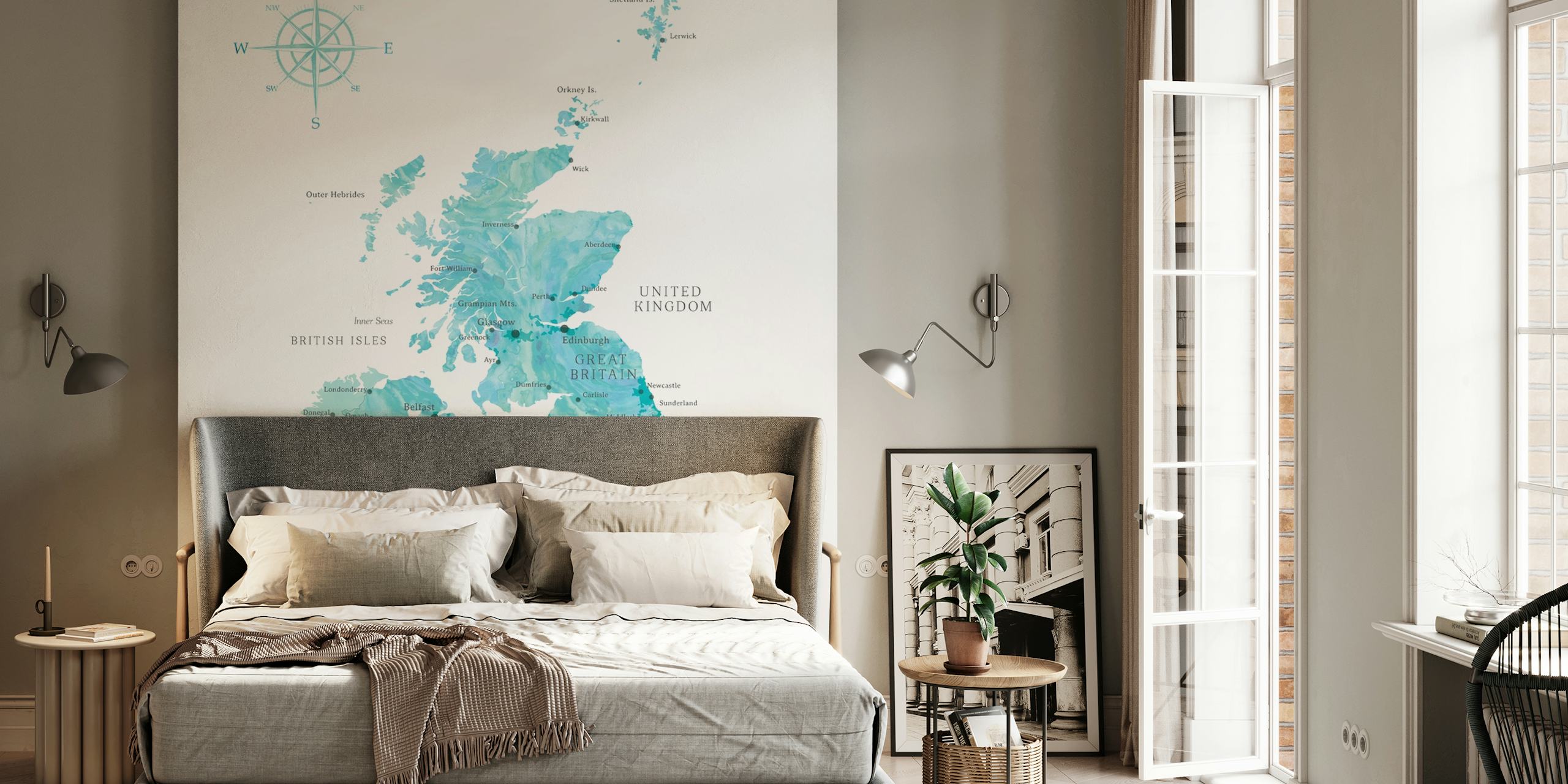 Watercolor map of the UK in blue and green tones wallpaper