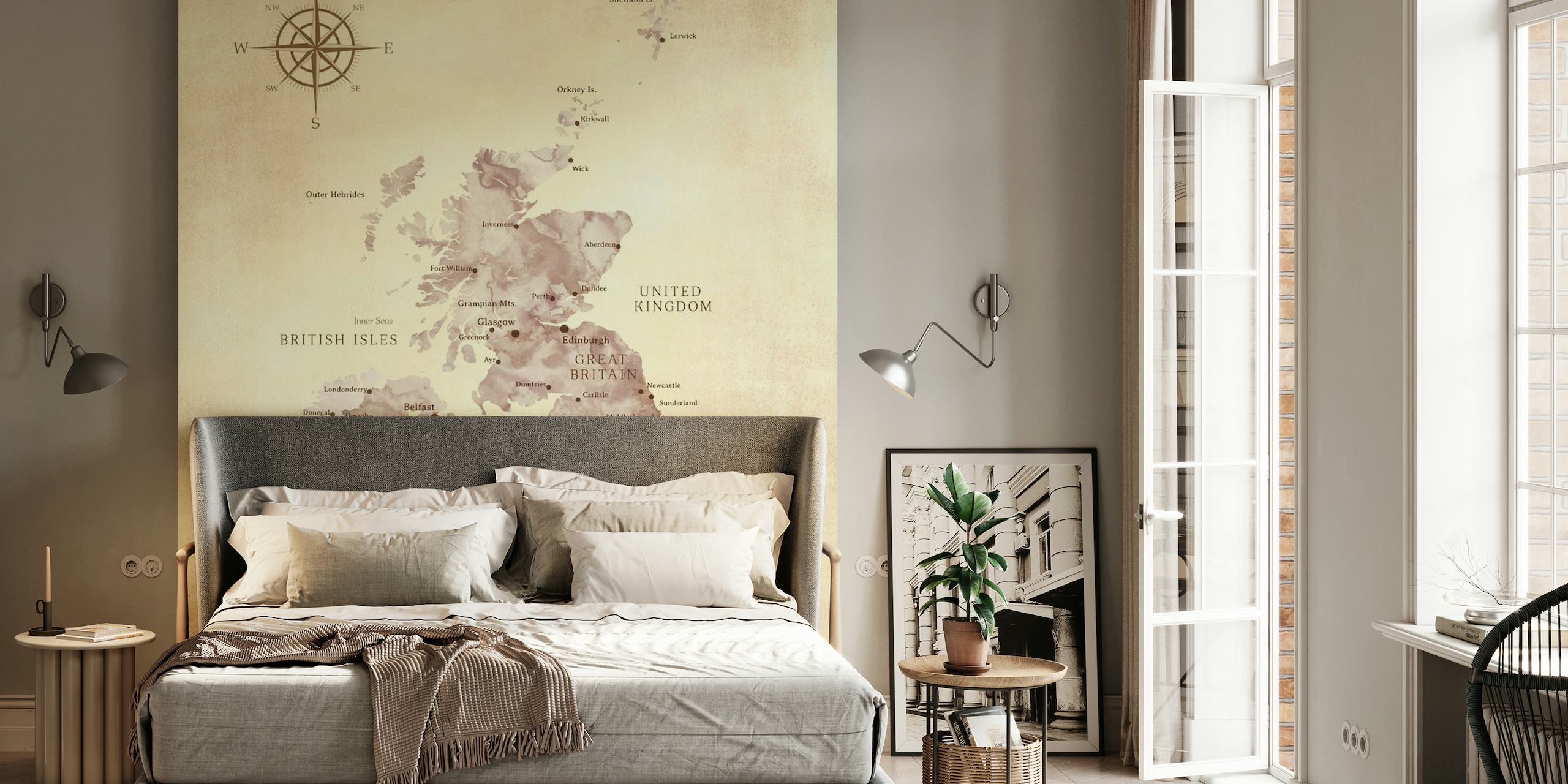 Brown vintage map of the UK behang
