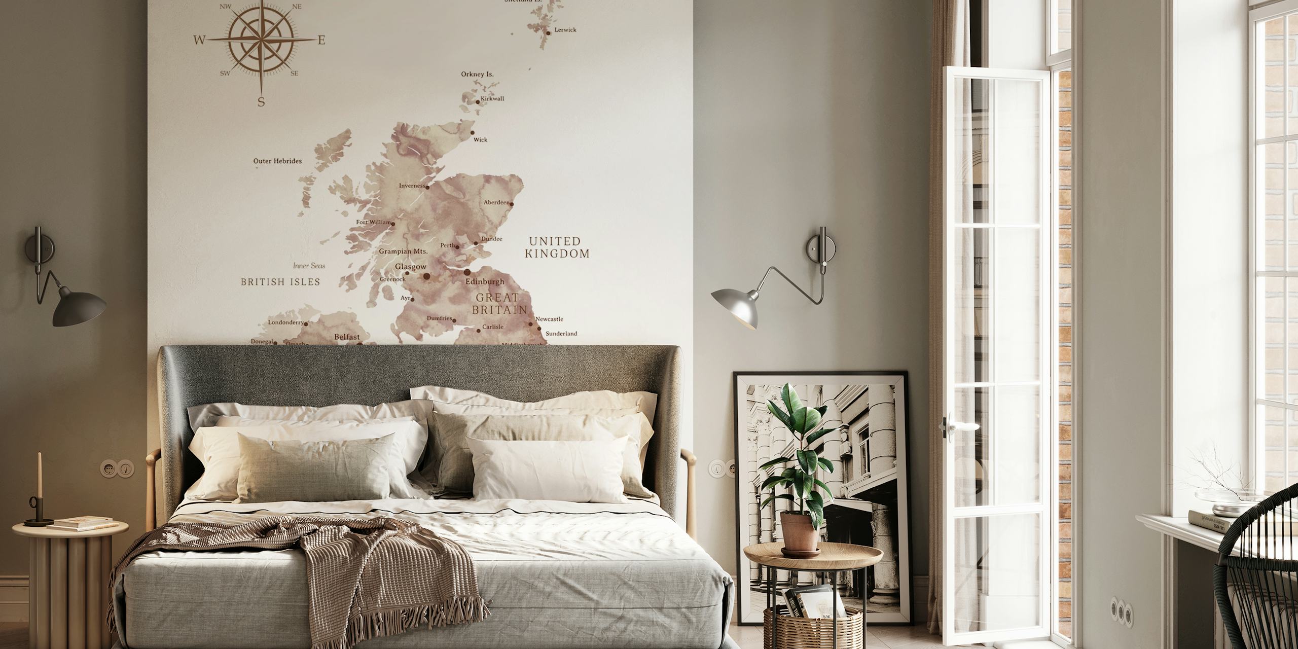 UK map brown watercolor behangontwerp