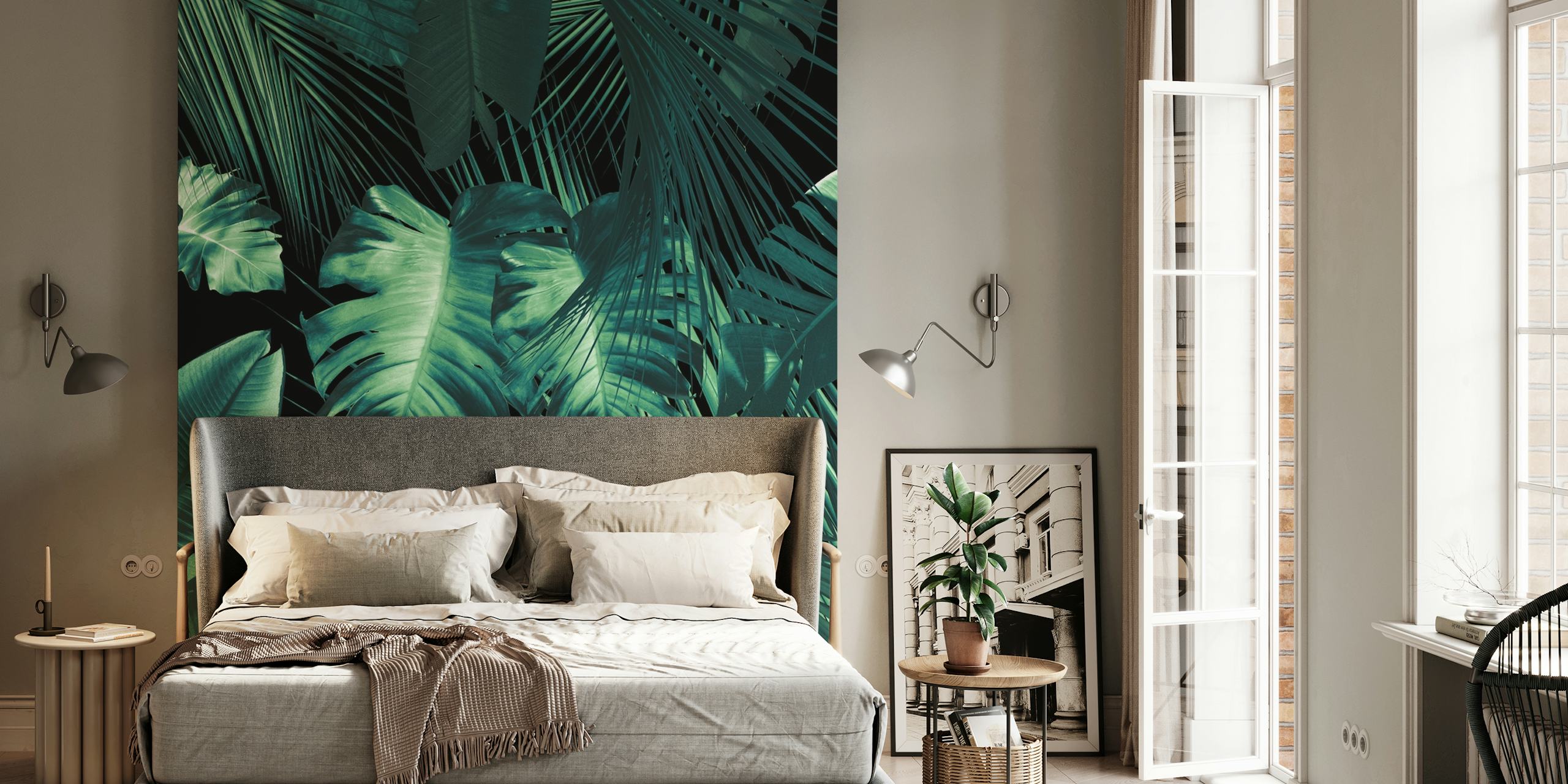 Moody jungle leaves wall mural with night theme