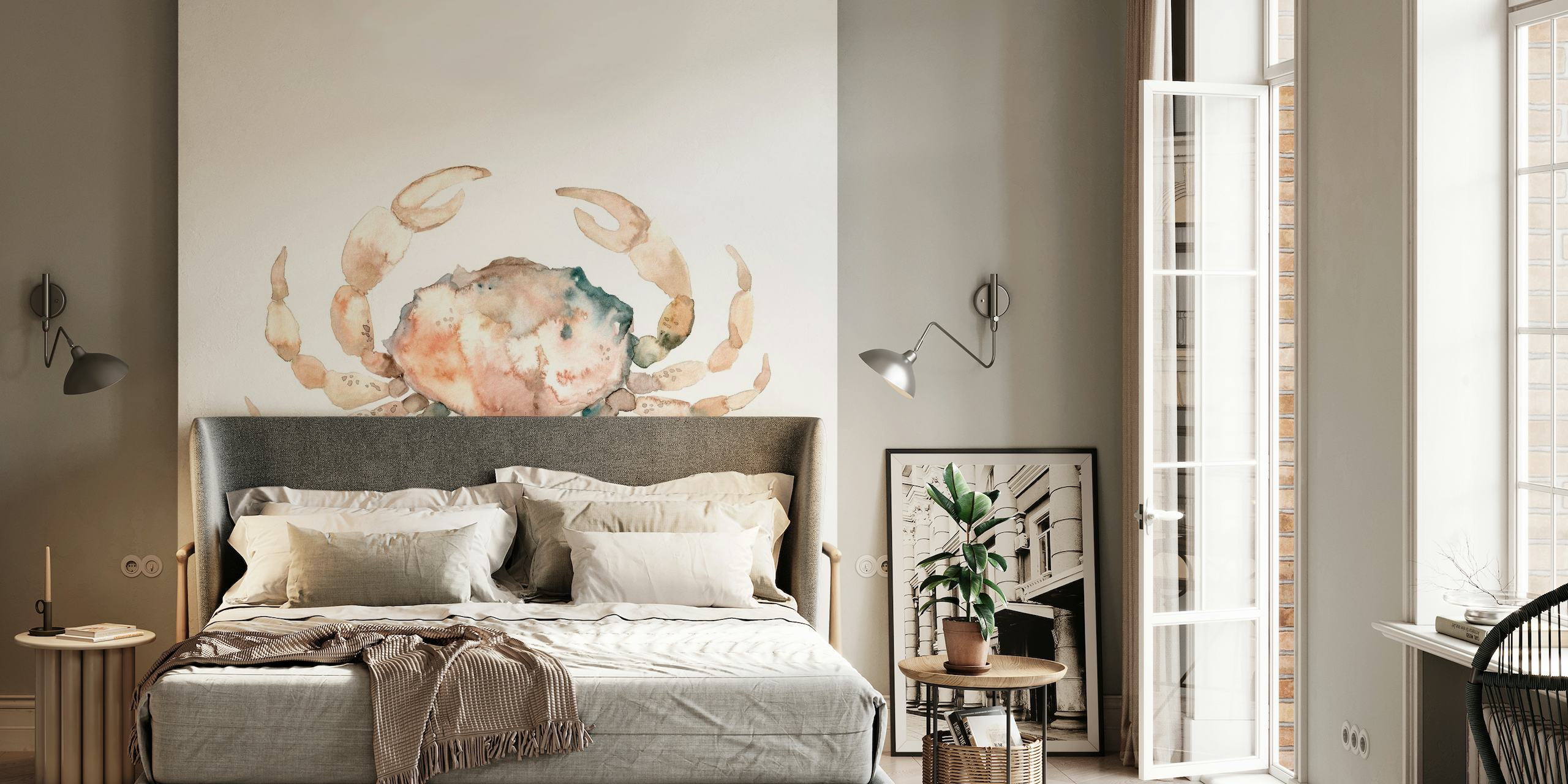 Watercolor mural featuring a group of crabs in soothing tones for wall decoration