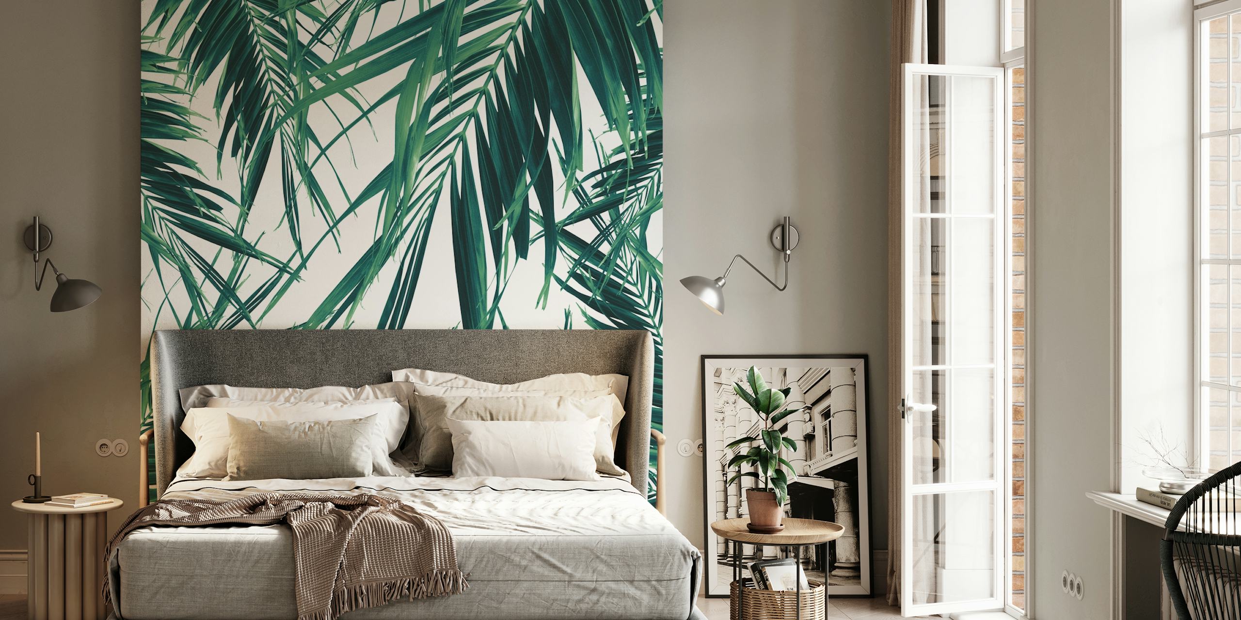 Green palm leaves on white background wallpaper