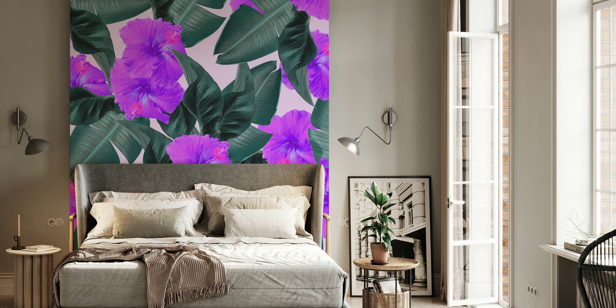 Tropical hibiscus flowers and large green leaves wallpaper