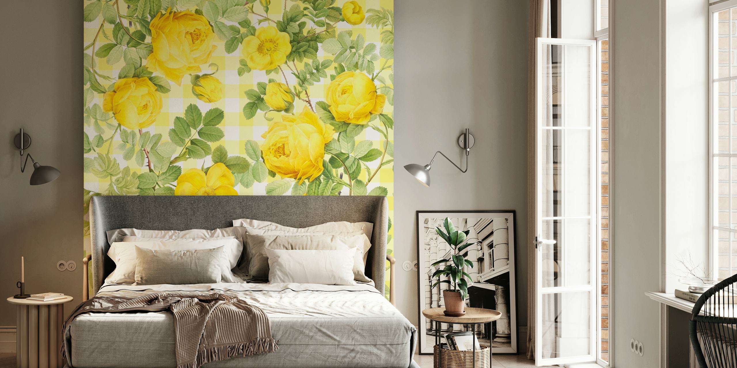 Vintage yellow roses floral pattern on checkered background wallpaper