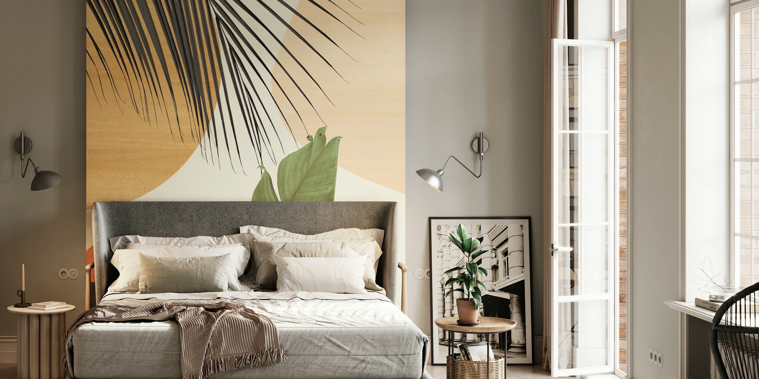 Tropical leaf abstract shapes in green, black, and warm tones wallpaper
