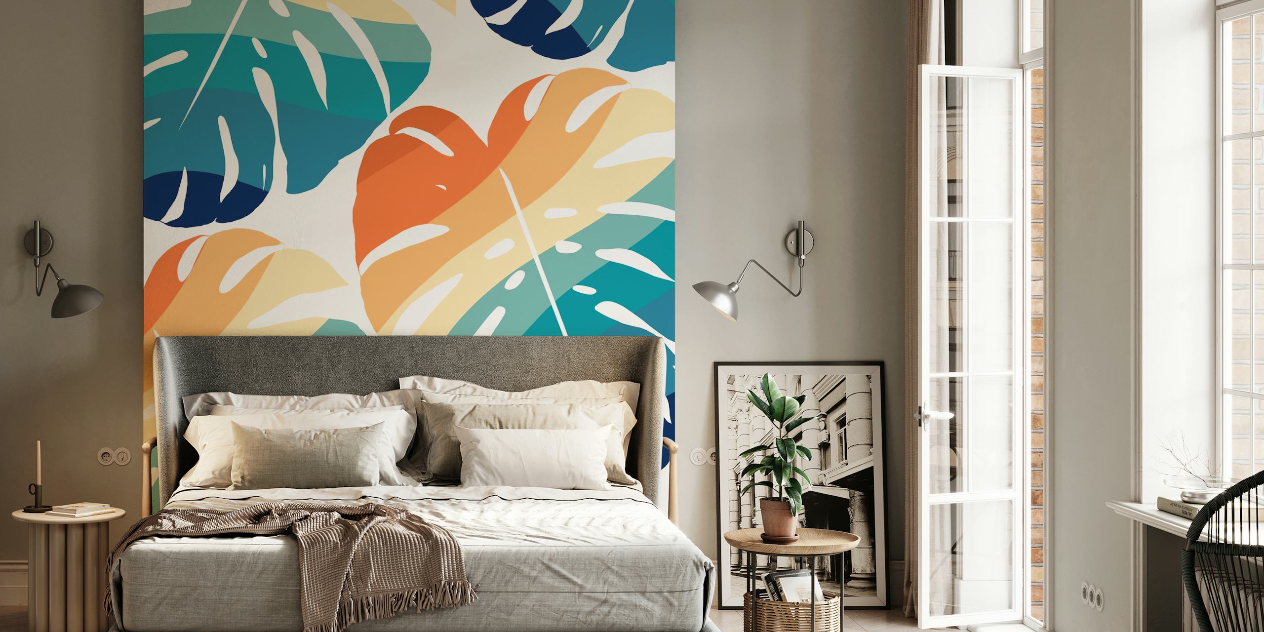 Papier peint mural de feuilles de monstera tropicales avec une palette de couleurs rétro