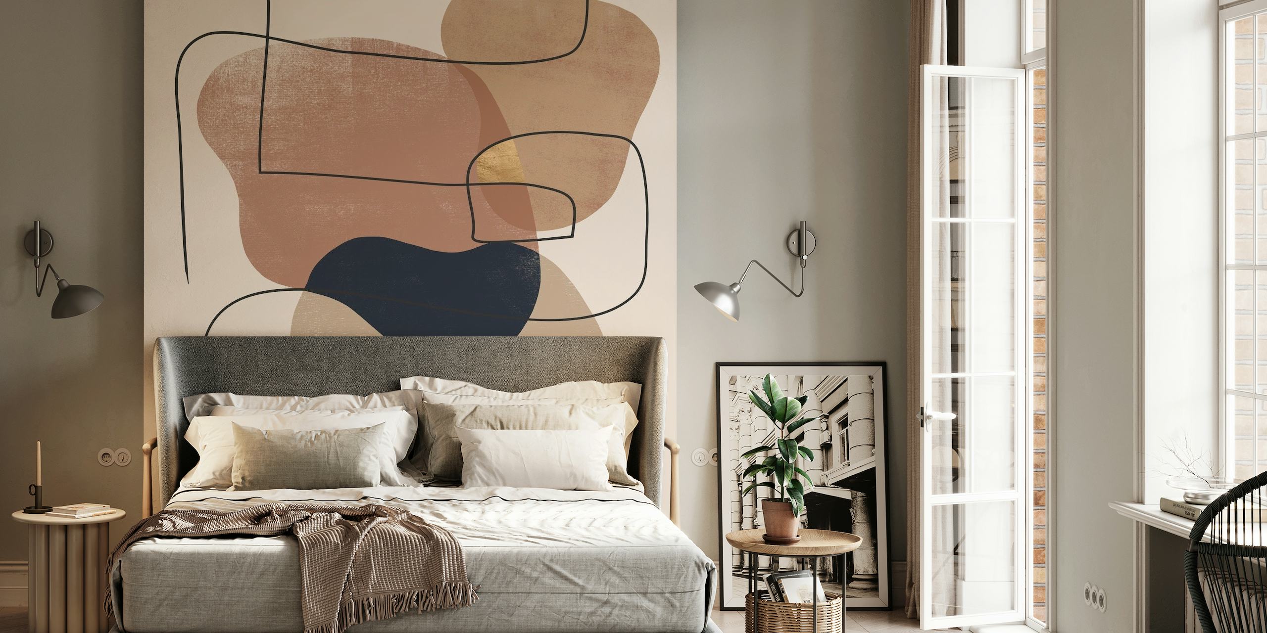 SHE Sand 6 abstract wall mural with flowing shapes in sand tones and navy