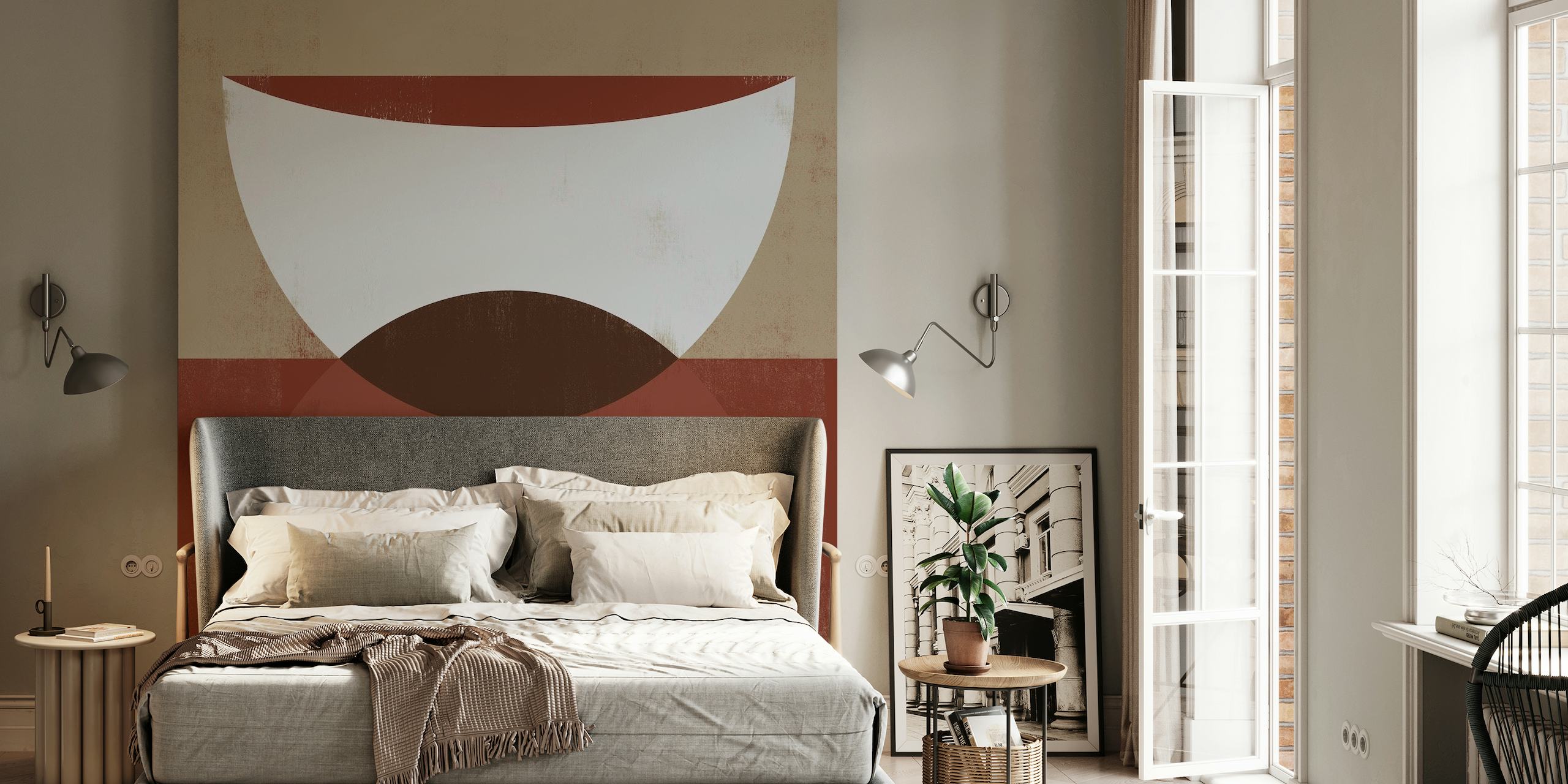 SHE Rouge 4 abstracte geometrische muurschildering in crème, bruin en kastanjebruin