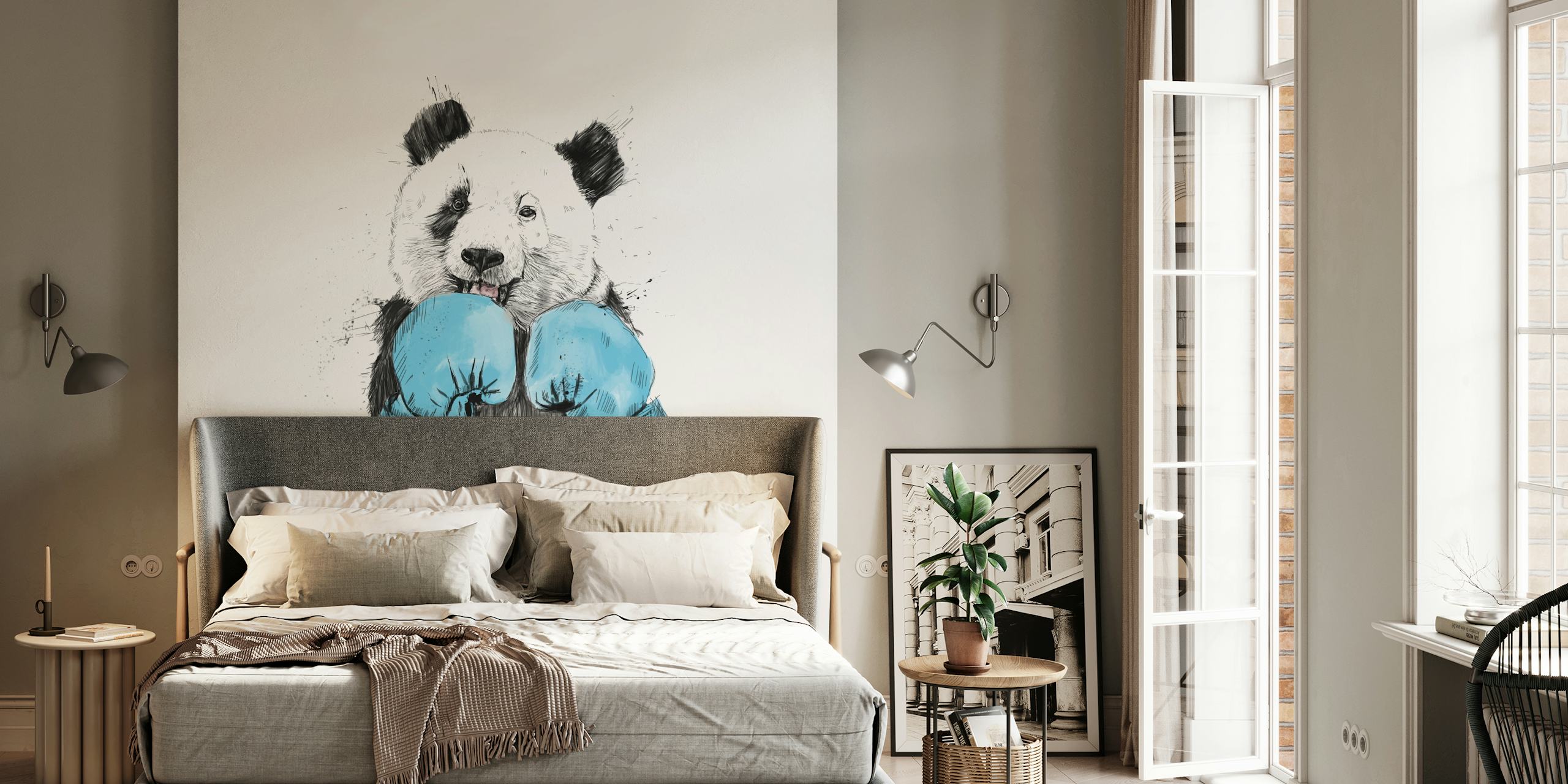 Panda wearing blue boxing gloves, cartoon style wallpaper