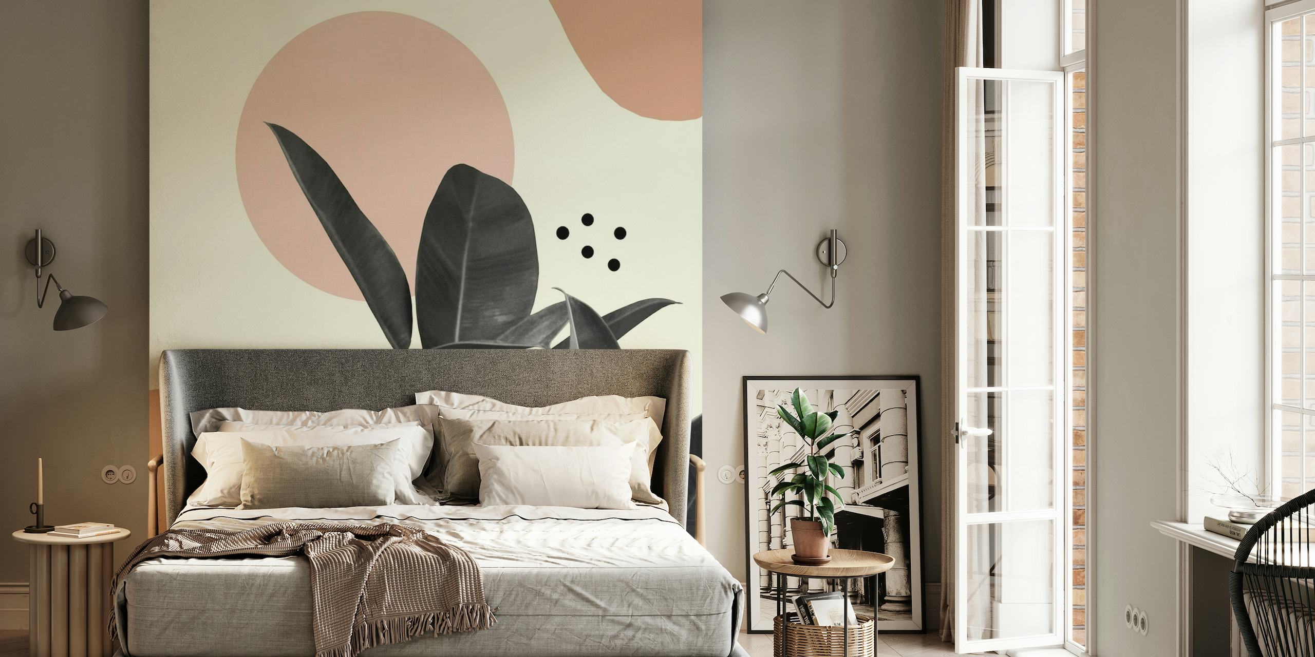 Abstract Ficus Leaves Wall Mural with Pastel Background