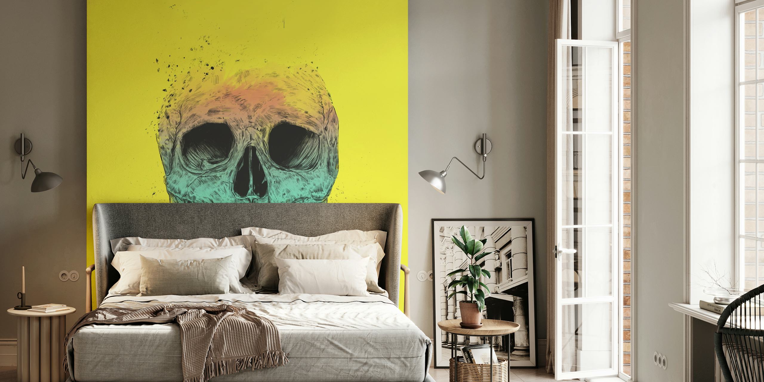 Colorful pop art skull illustration on bright yellow background wallpaper