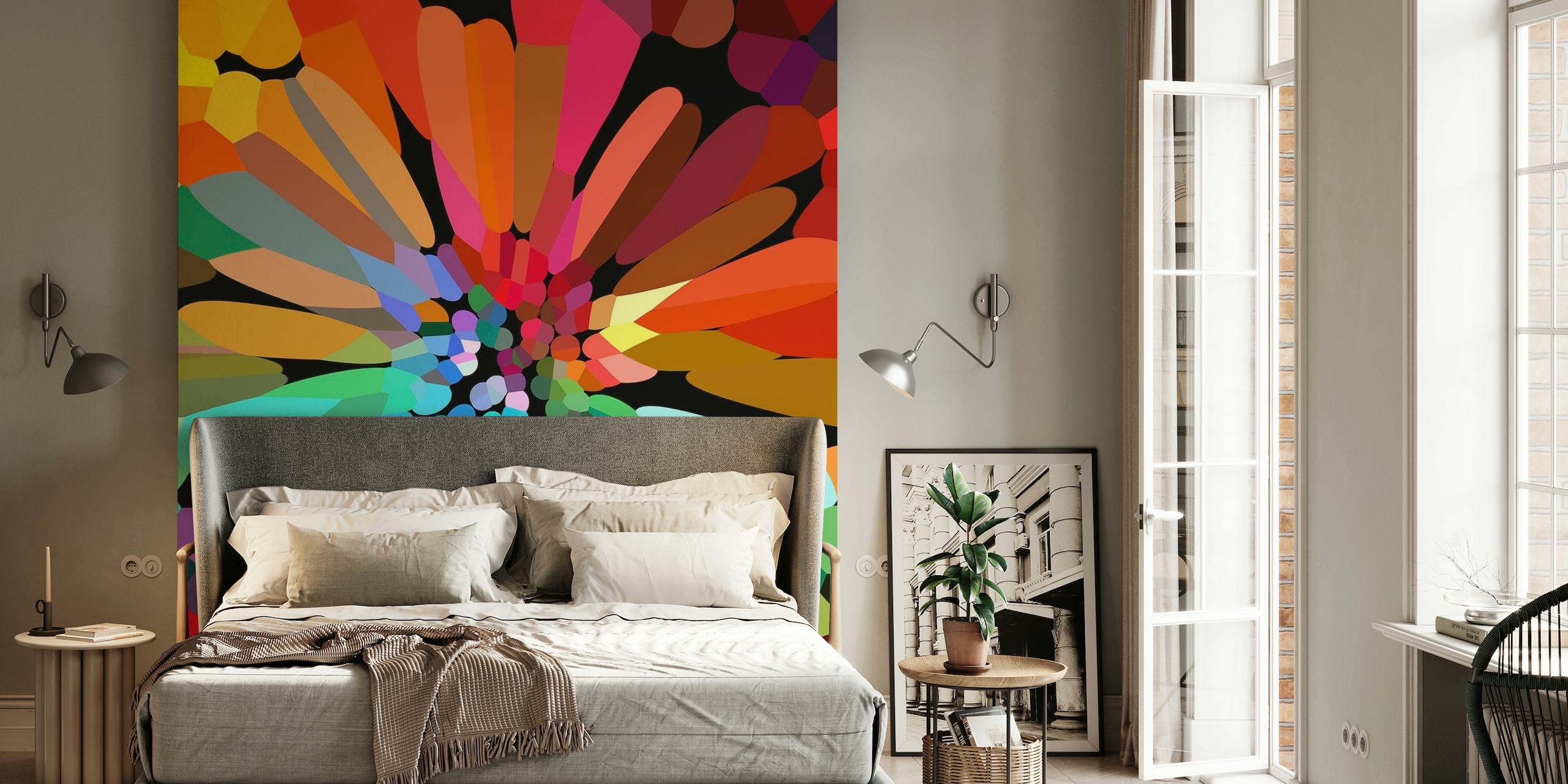 Abstrakt Funky Flower-vægmaleri med et kalejdoskop af livlige farver og blomstermønstre