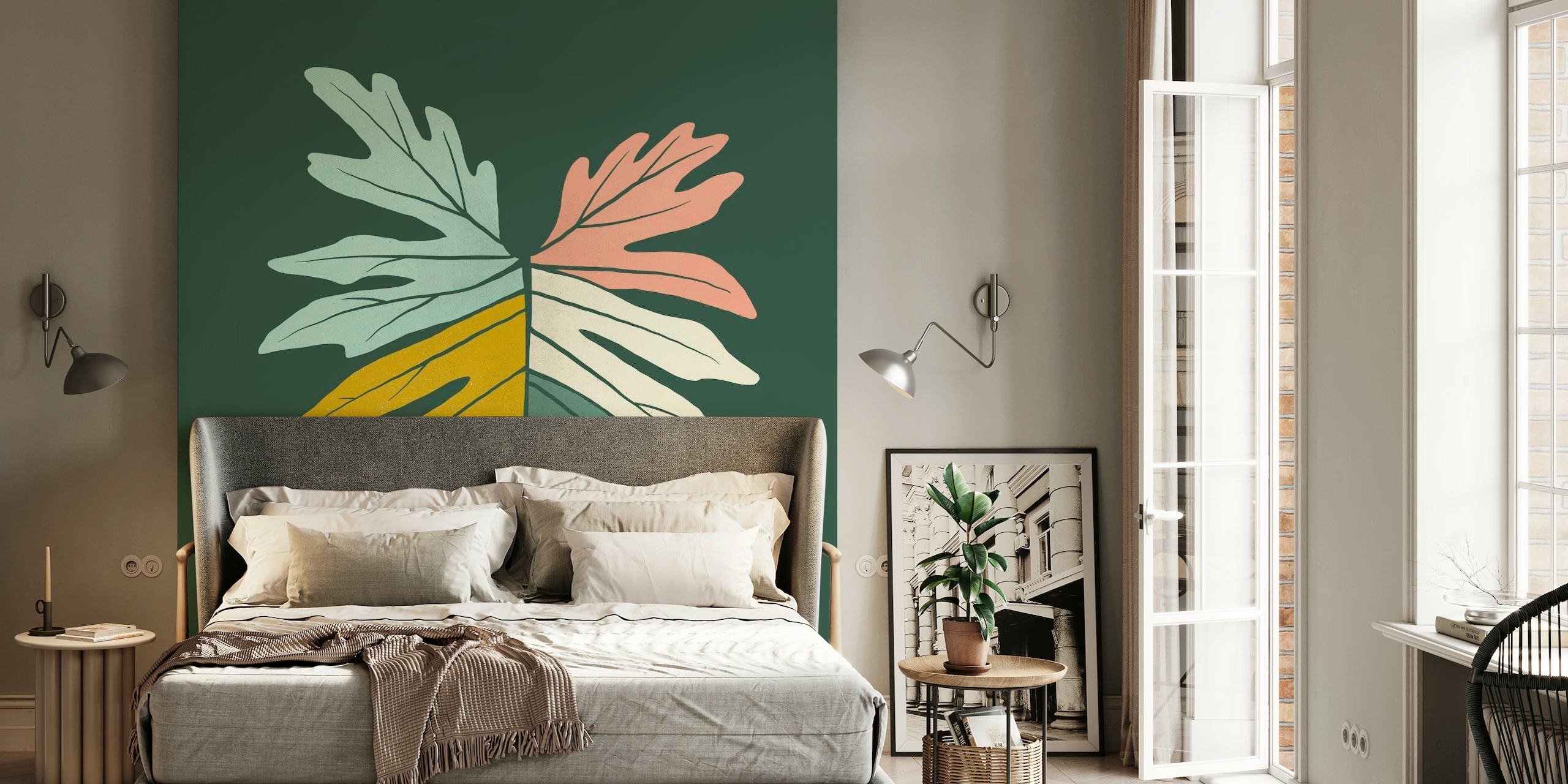 Midcentury Tropical Leaves -seinämaalaus tyylitellyillä lehdillä vaimeissa väreissä
