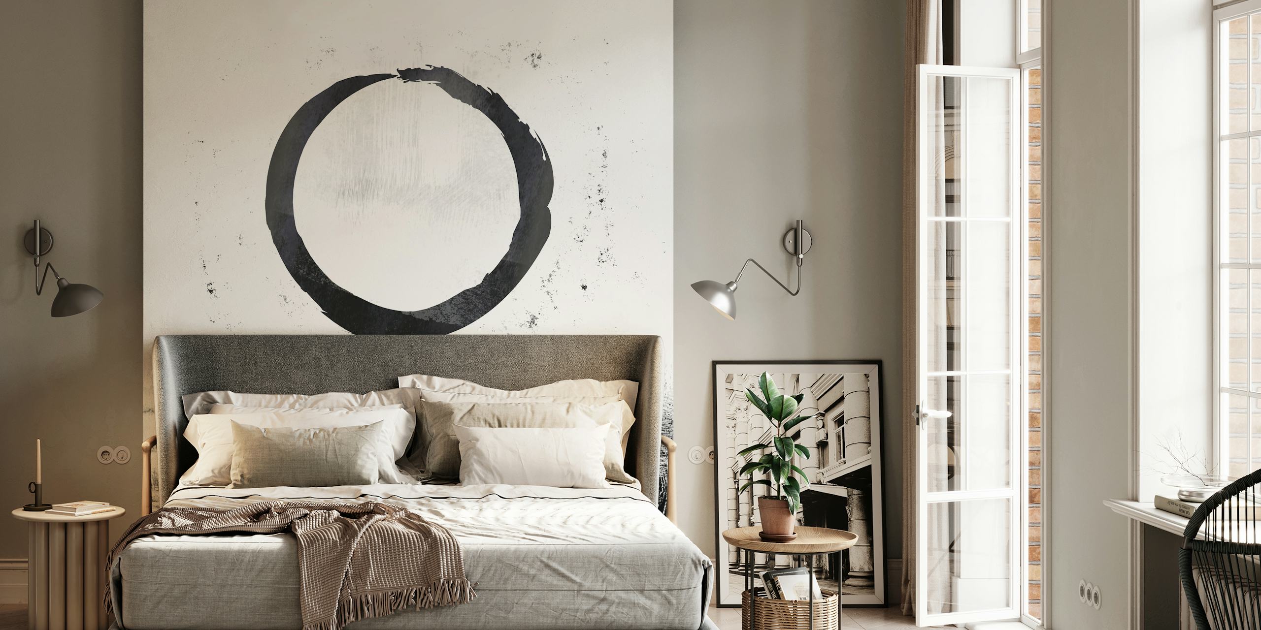 Black circular brush stroke on a textured white background wallpaper