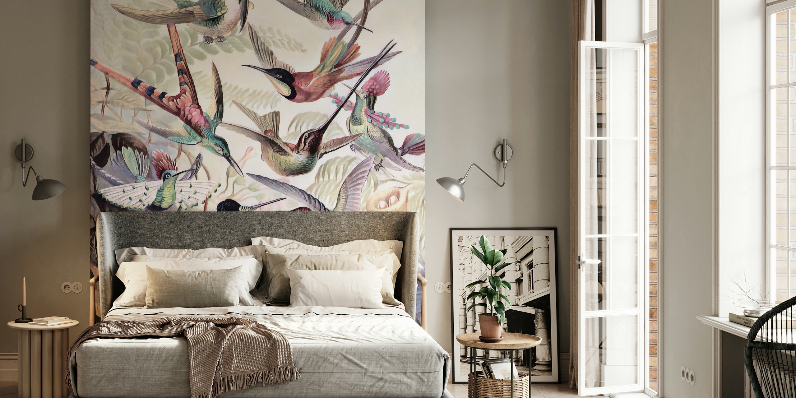 Multicolor tropical birds on foliage wallpaper, vibrant hues