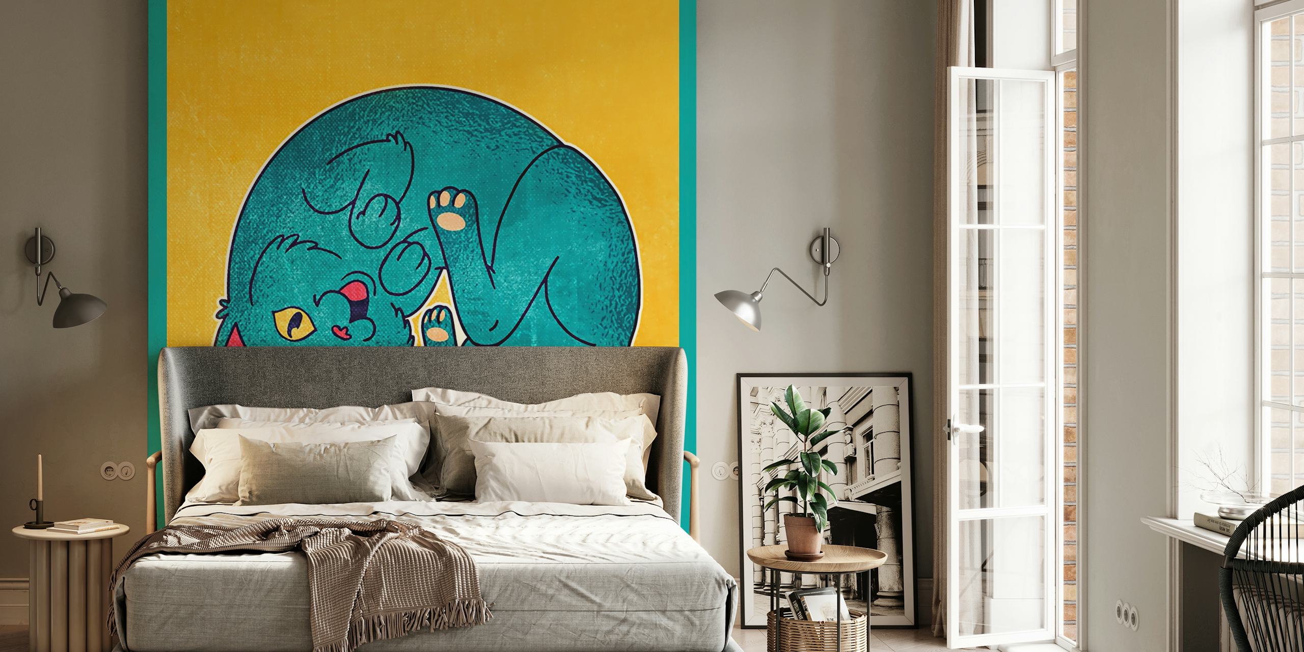 Papel de parede Japanese Vintage Cat Art em um quarto