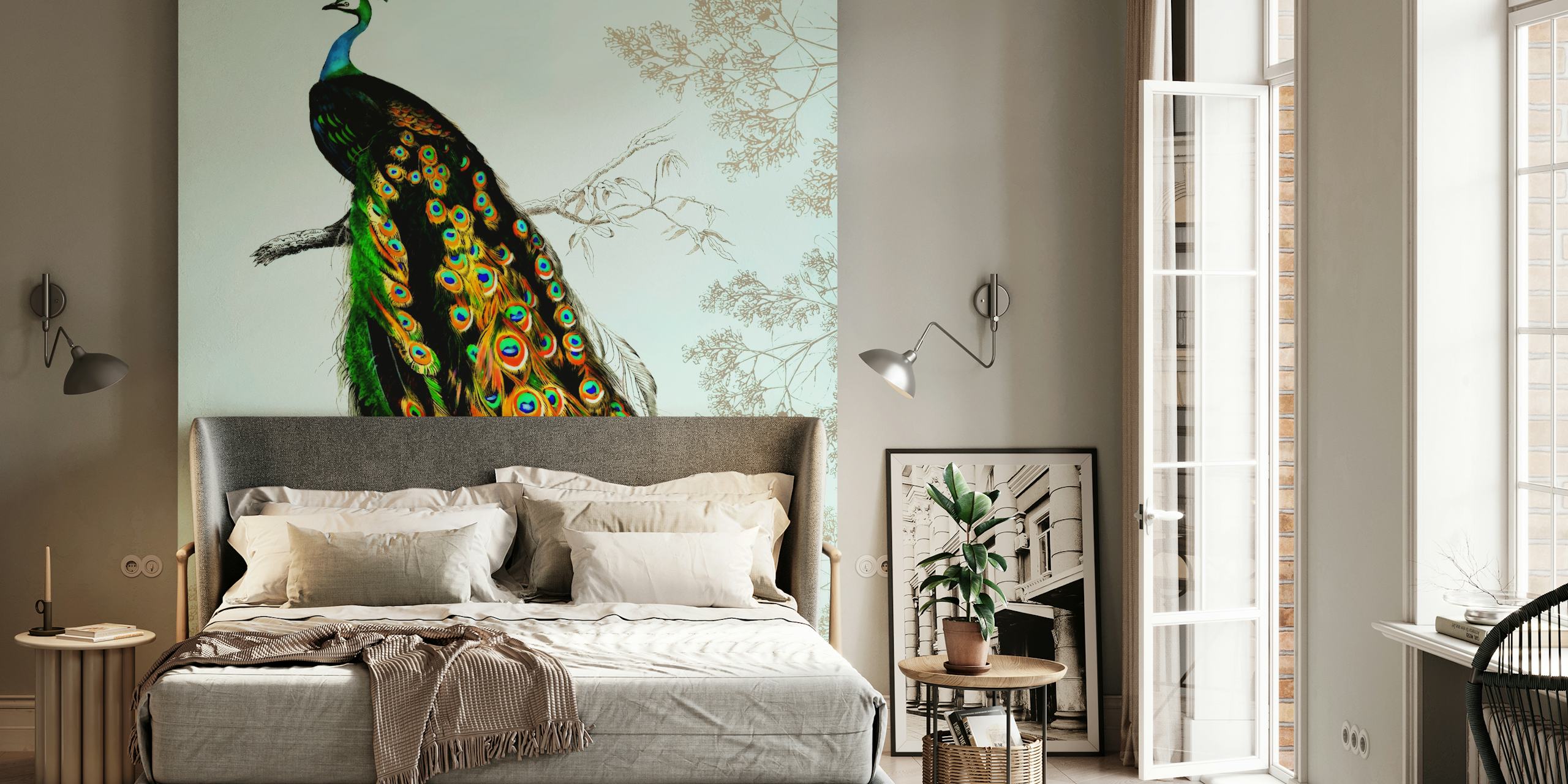 Floral peacock design with colorful feathers on light blue background wallpaper