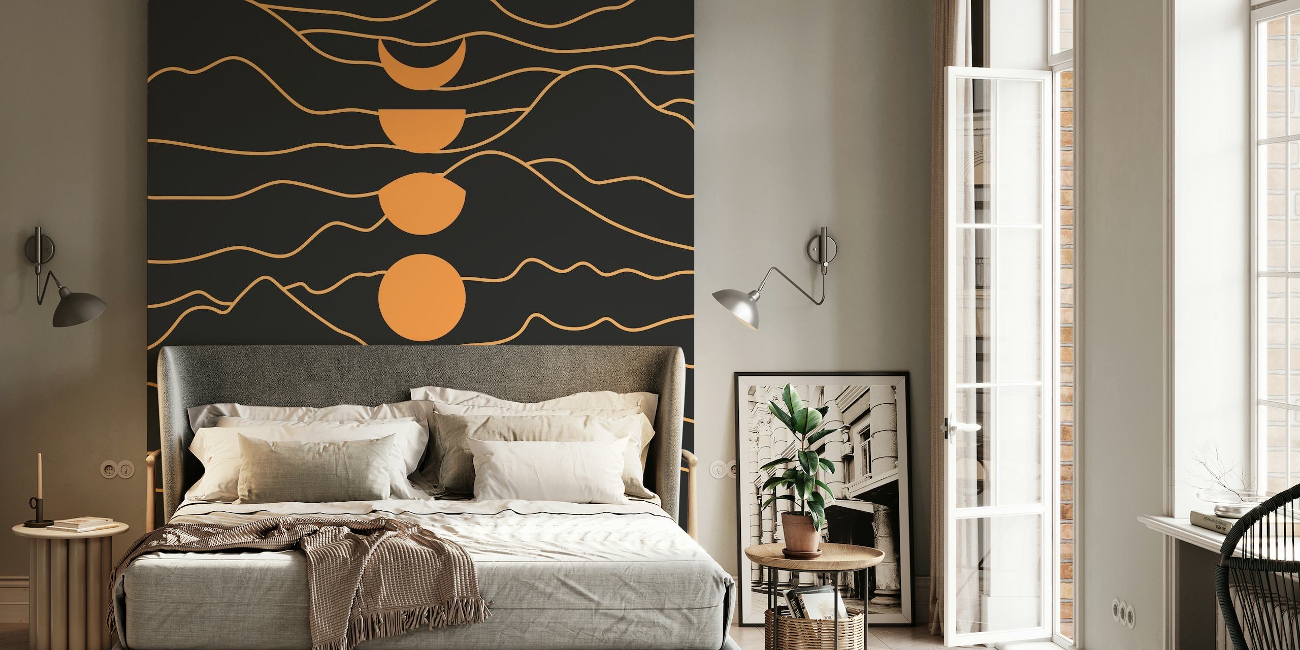 Moon Phases Mountains Black wall mural with lunar cycle over mountain silhouettes on a dark background