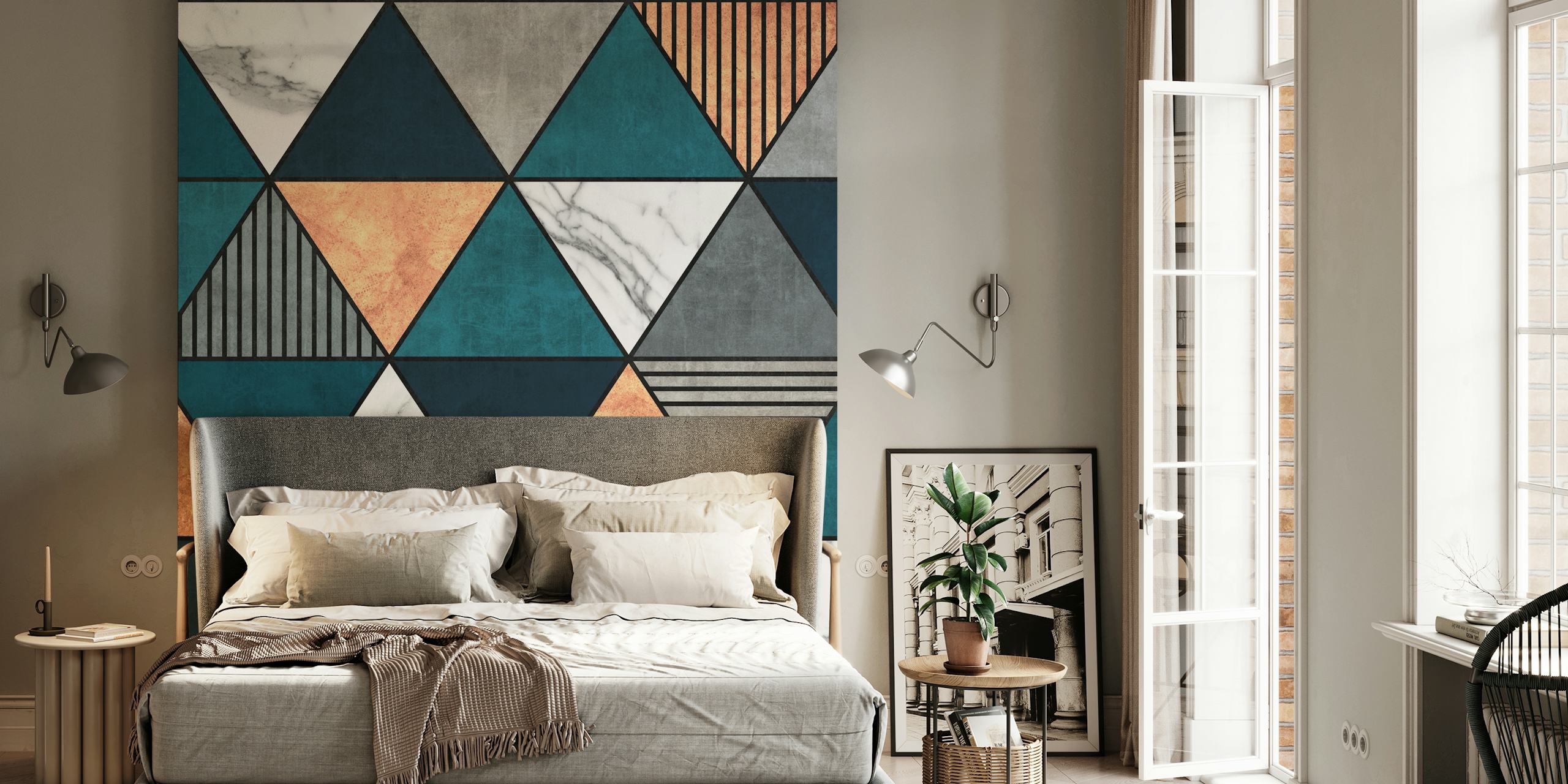 Geometric triangles in teal, copper, gray, and marble wallpaper