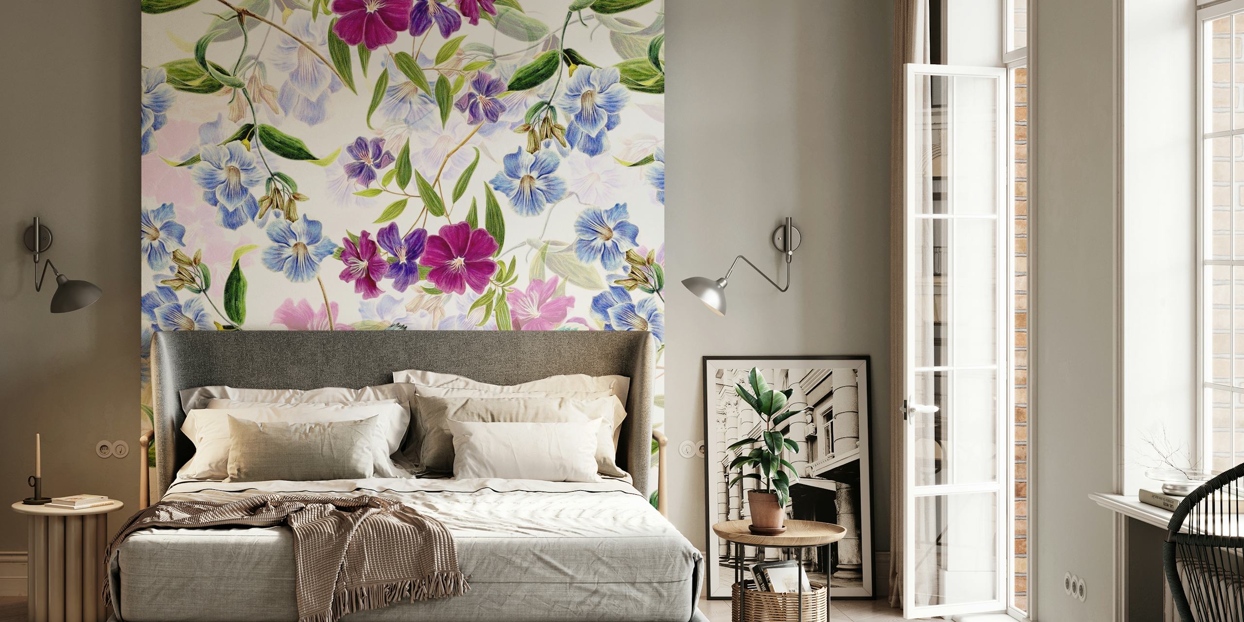 A wall mural featuring a blue jay among blue and purple flowers with green leaves on a white background