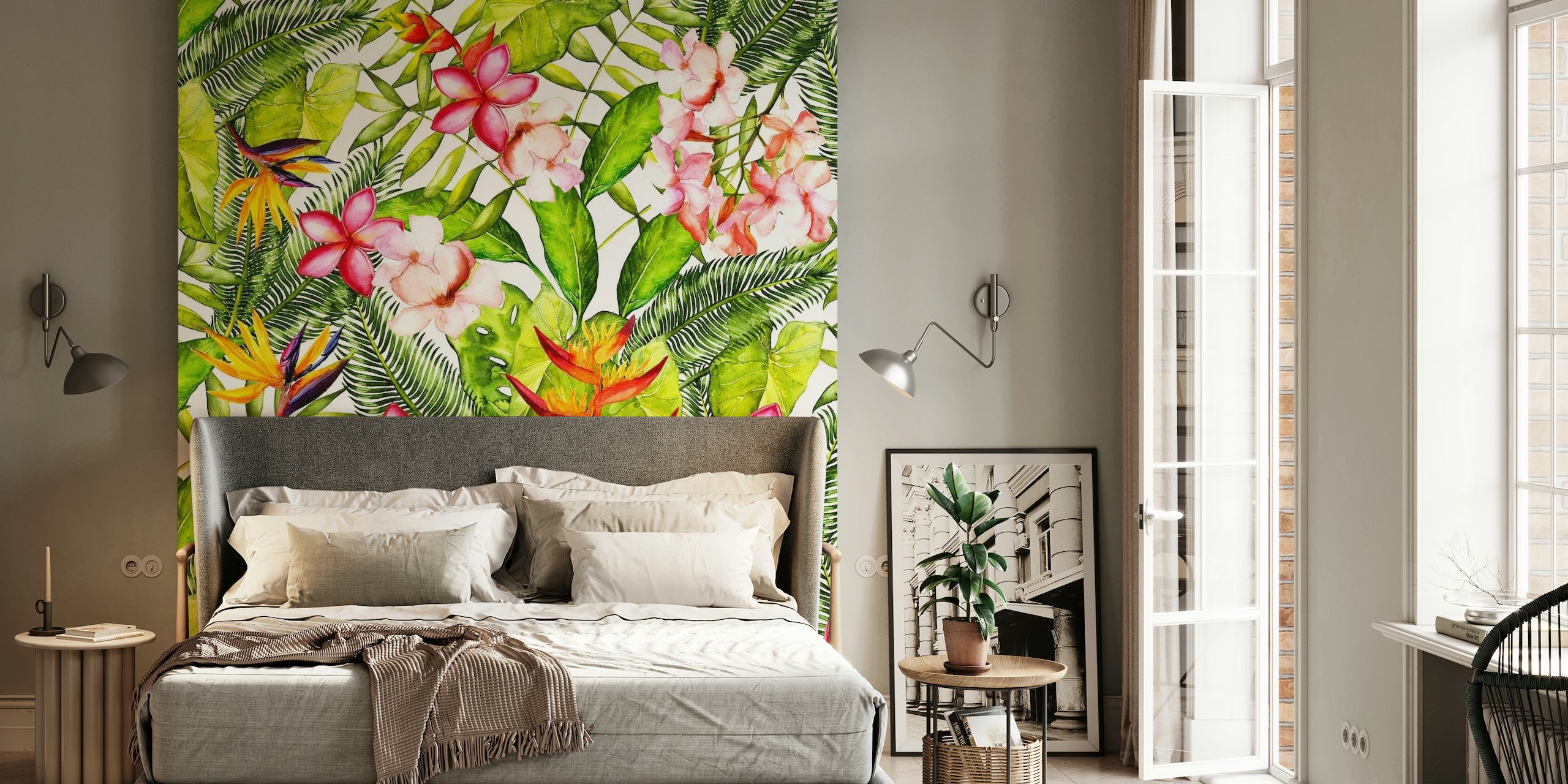 Plumeria and Tropical Jungle Flowers -seinämaalaus, jossa on vehreää ja vaaleanpunaisia kukkia