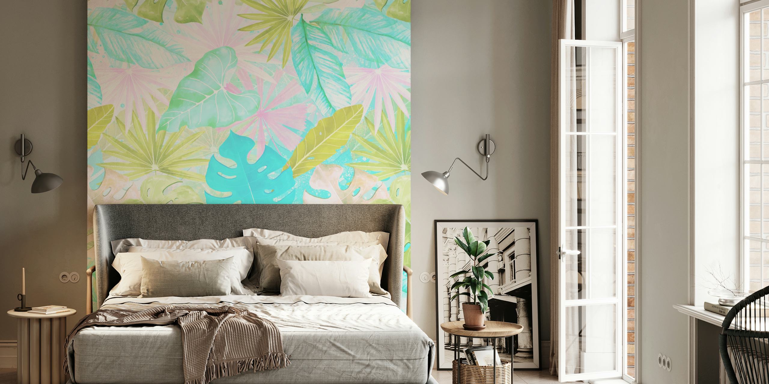 Tropical pastel leaves in green, blue, and pink watercolor wallpaper