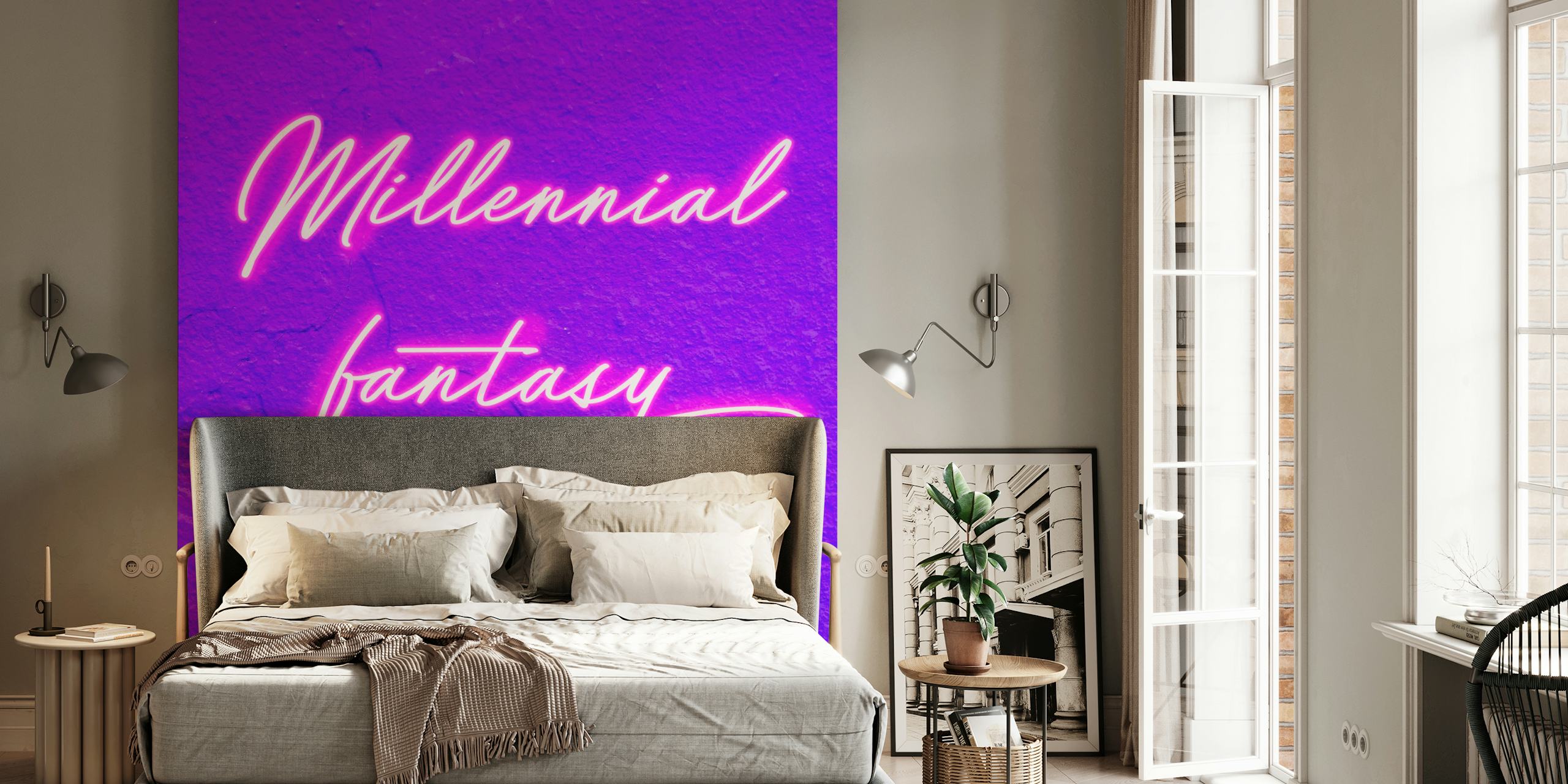 Millennial Fantasy fotobehang met een neonachtig roze schrift op een paarse achtergrond en een hartpictogram.
