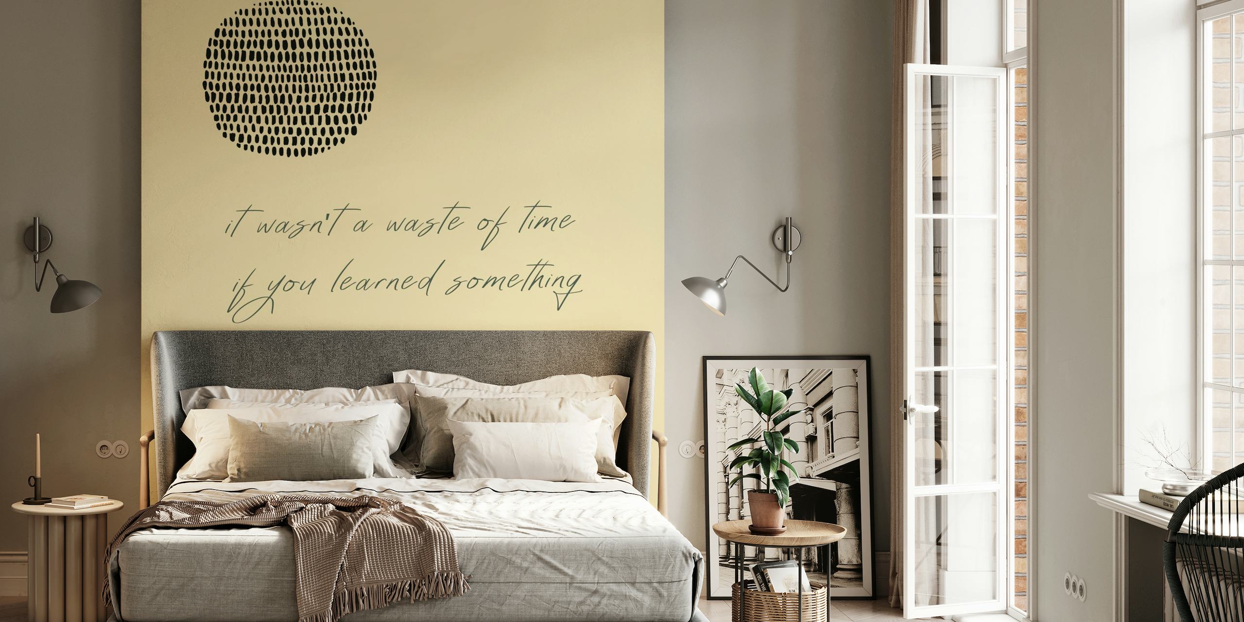 Zen-inspired wall mural with minimal ink stones and inspirational quote on a light background