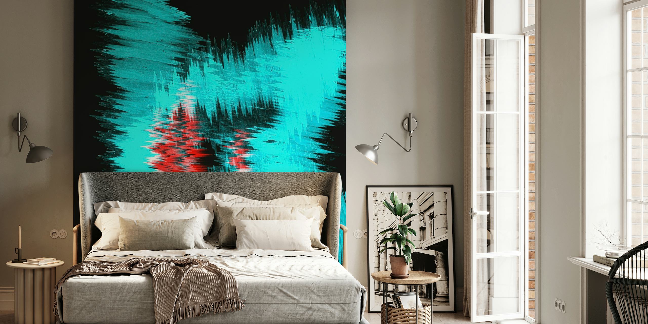 Abstract wall mural with aqua blues and vivid reds in a dynamic design