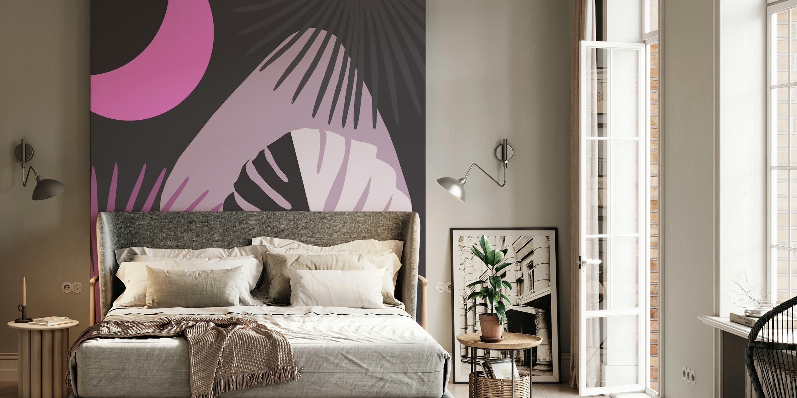 Yin Yang Monstera Fan Palm wall mural with pink crescent
