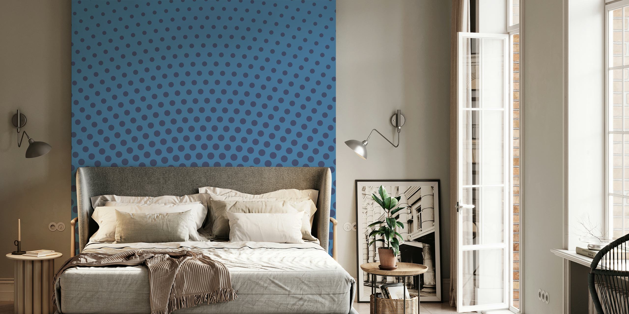 Indigo blue dots forming a gradient illusion on a wall mural