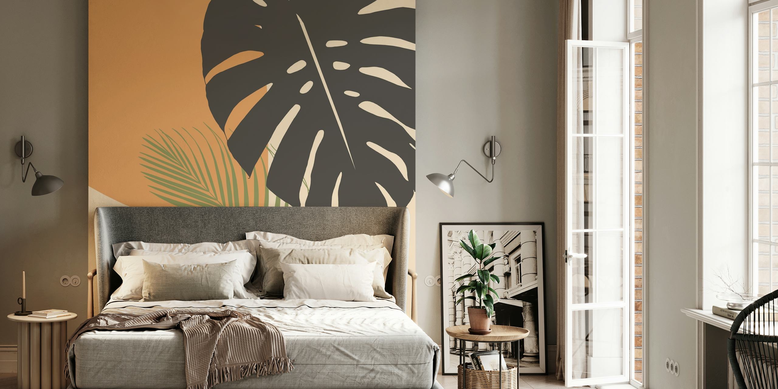 Tropical Monstera palm leaves with earthy tones wallpaper