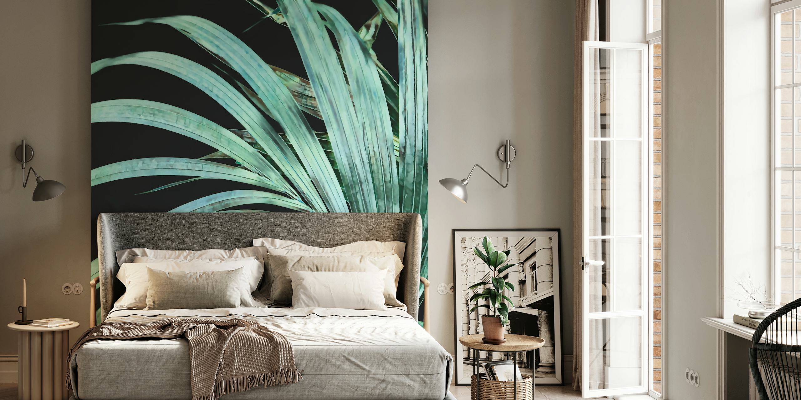 Tropical palm leaves in light turquoise color wallpaper