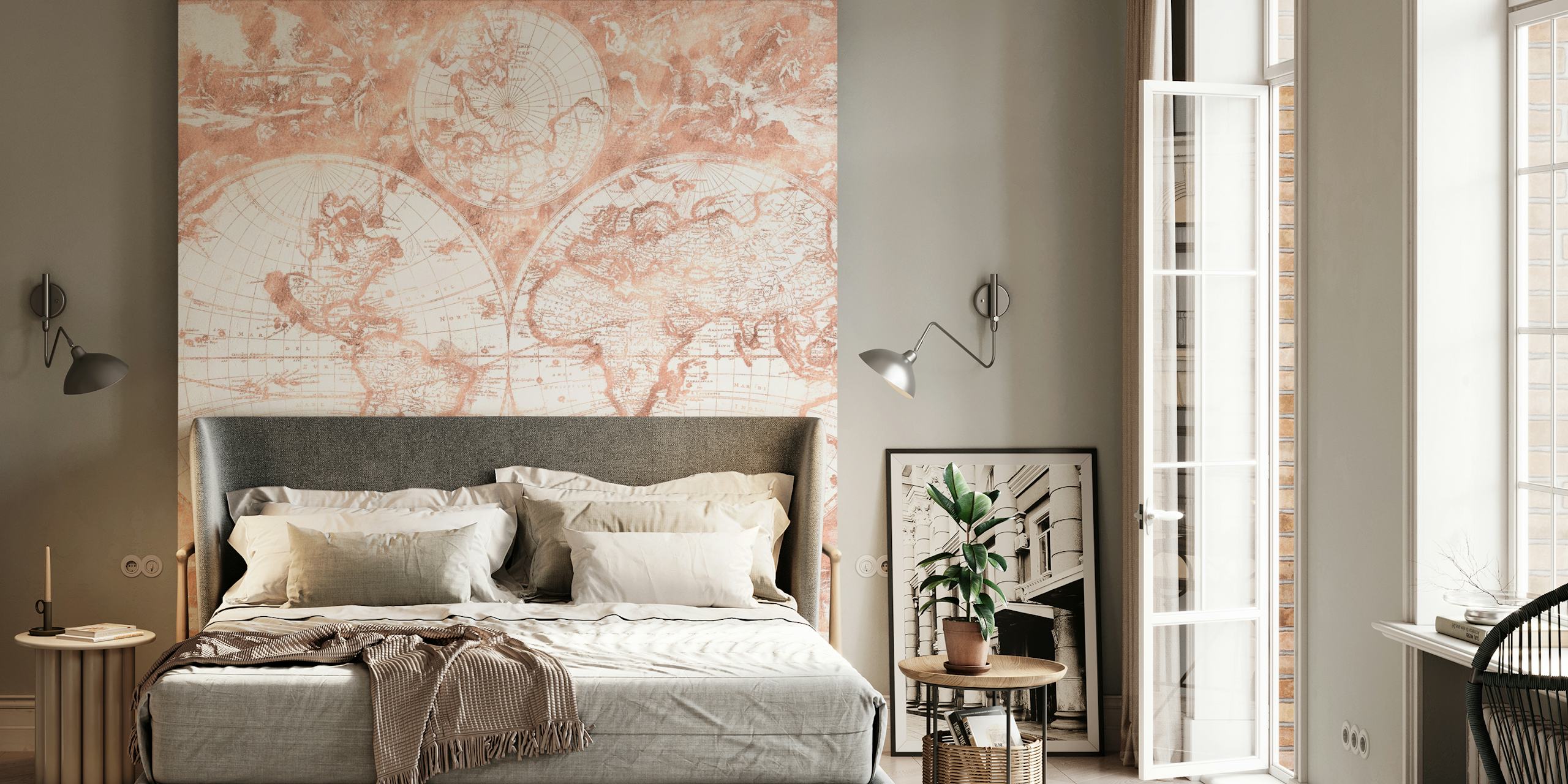 Vintage world map design with soft peach and beige tones wallpaper