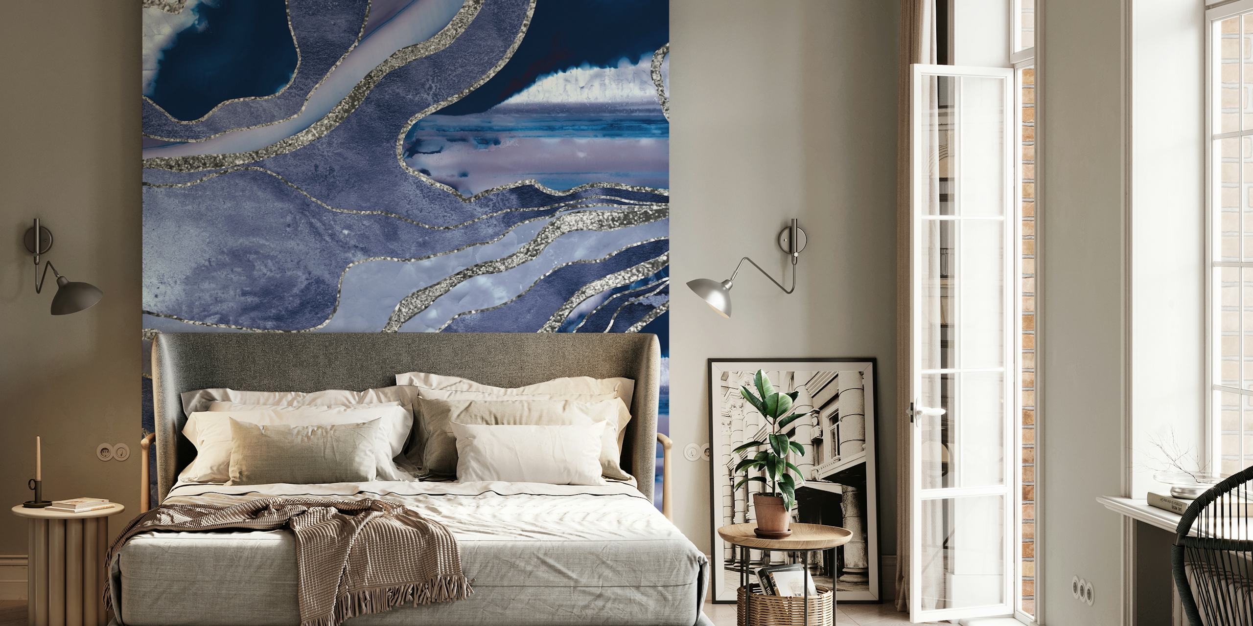 Ταπετσαρία Blue Marble Agate Silver 1 εμφανισμένη σε ένα δωμάτιο