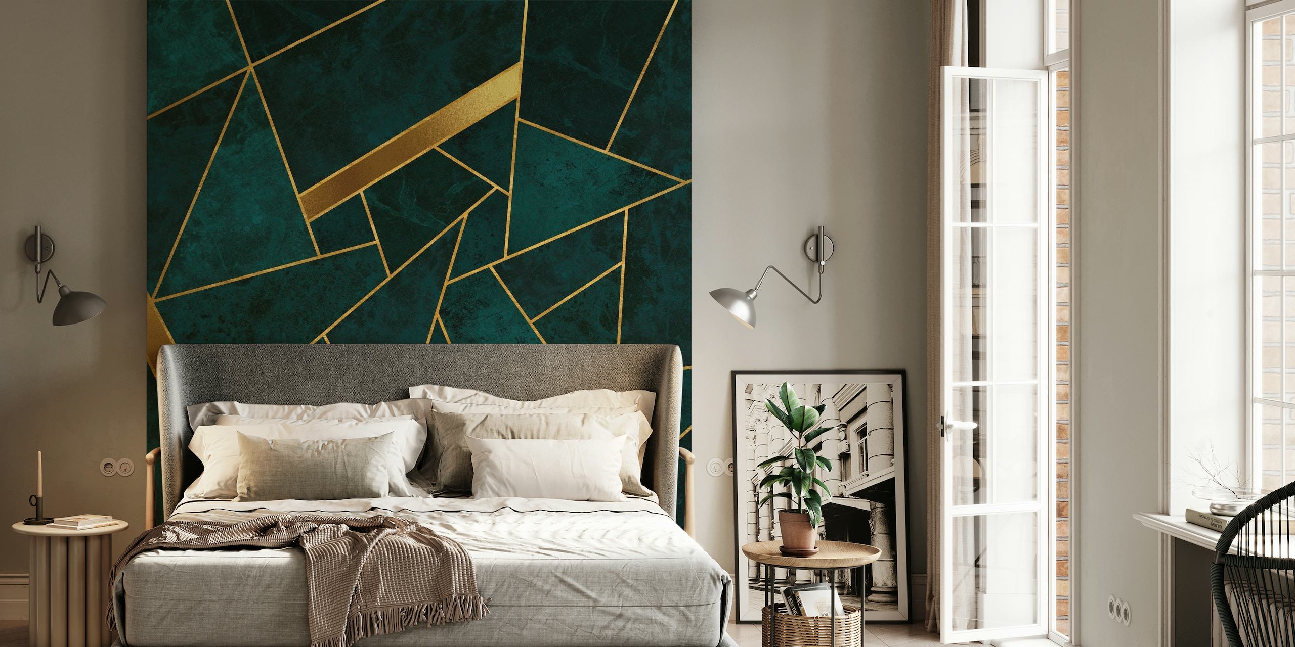 Luxury Dark Teal and Gold Mosaic Design Wallpaper