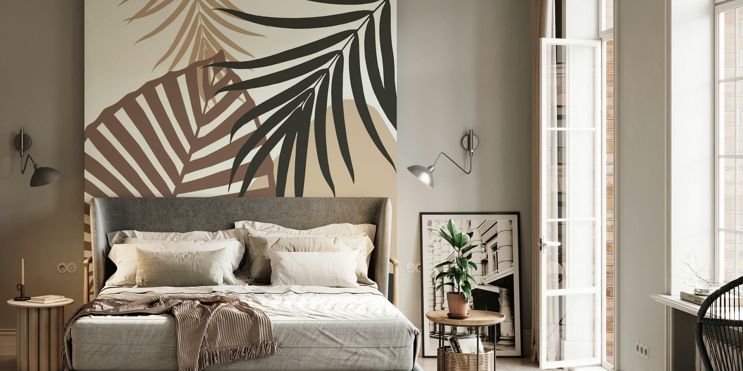 Monochrome junglebladeren muurschildering met een crèmekleurige achtergrond