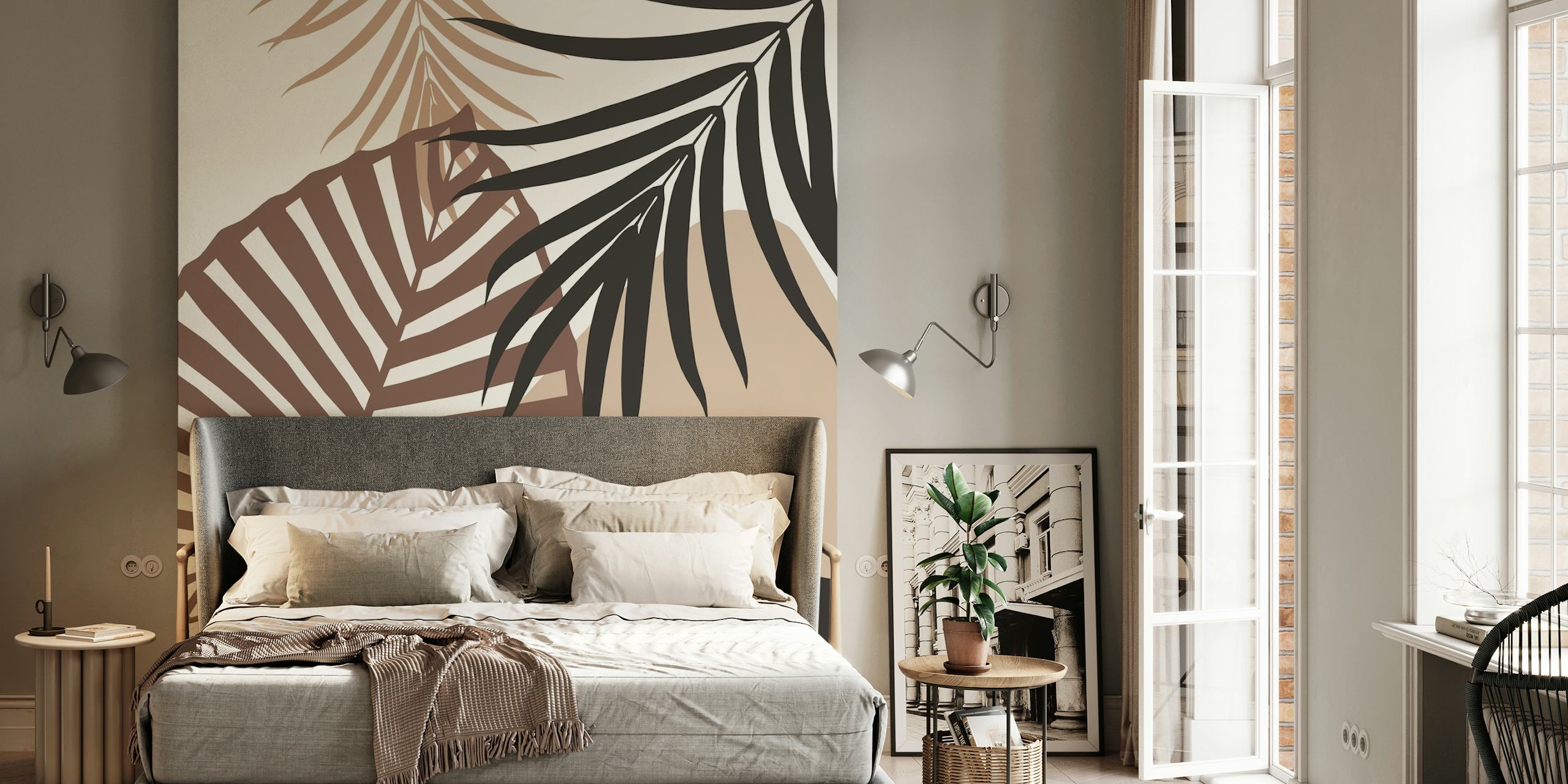 Botanical leaves in beige and black abstract wallpaper