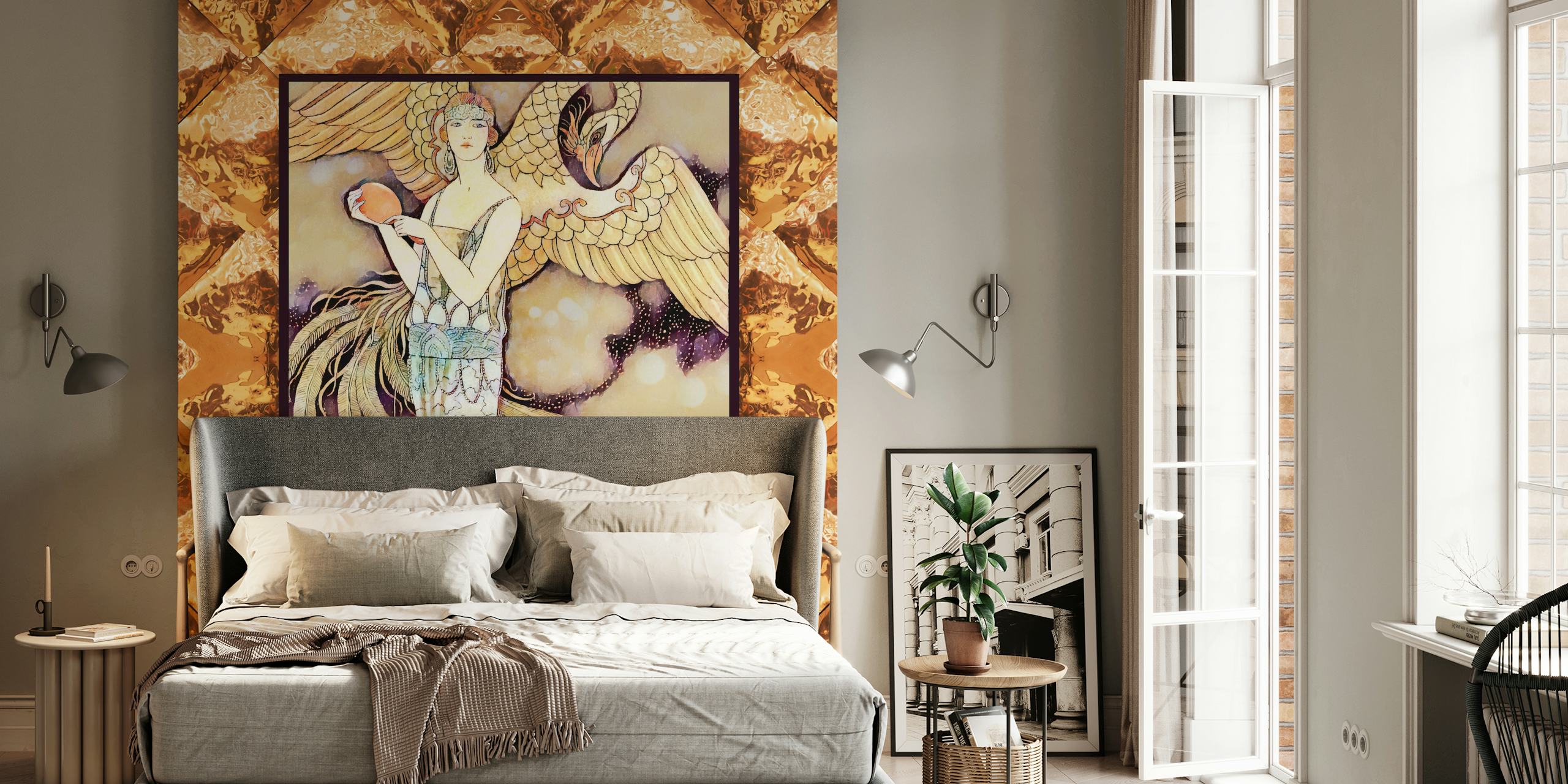 Art Deco patterned wallpaper with golden tones and intricate designs