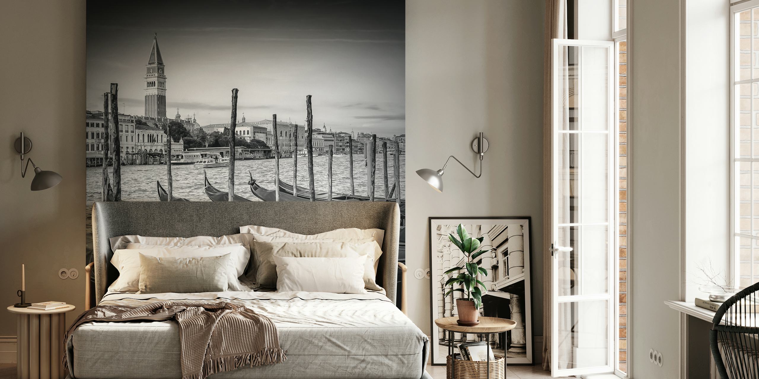 Black and white wall mural of Venice Grand Canal with gondolas and historic architecture