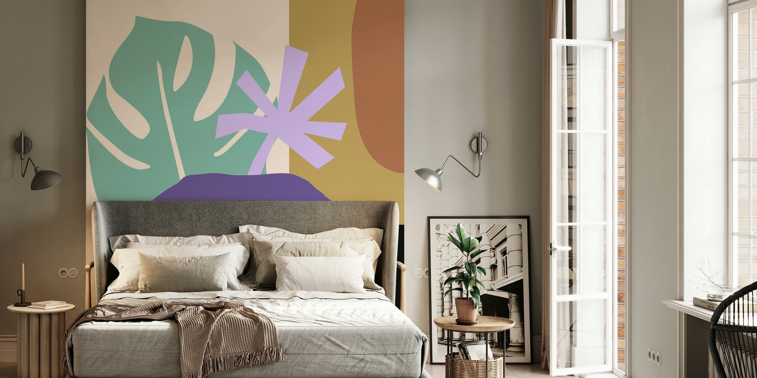 Ultra Violet Monstera vægmaleri med stiliserede blade og abstrakt design