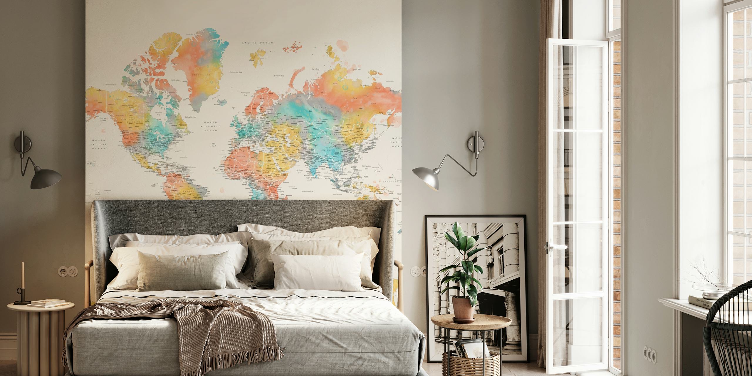 Colorful world map with orange, blue, and yellow hues on beige wallpaper