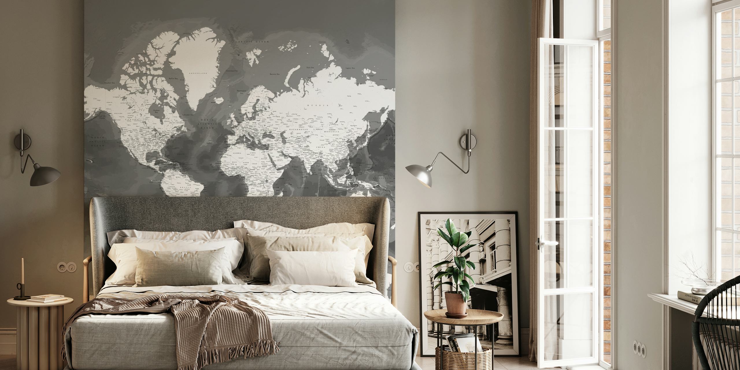 Black and white world map wallpaper with detailed geographic features and labels.