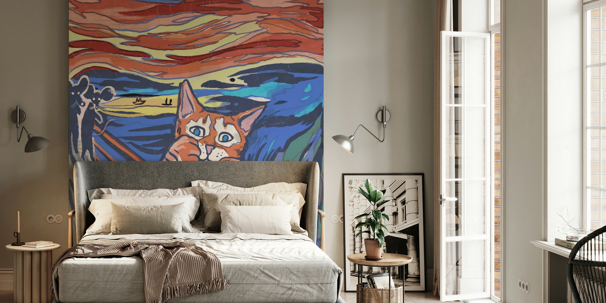 Une réinterprétation ludique d'une peinture célèbre mettant en scène un chat surpris au milieu de couleurs tourbillonnantes.