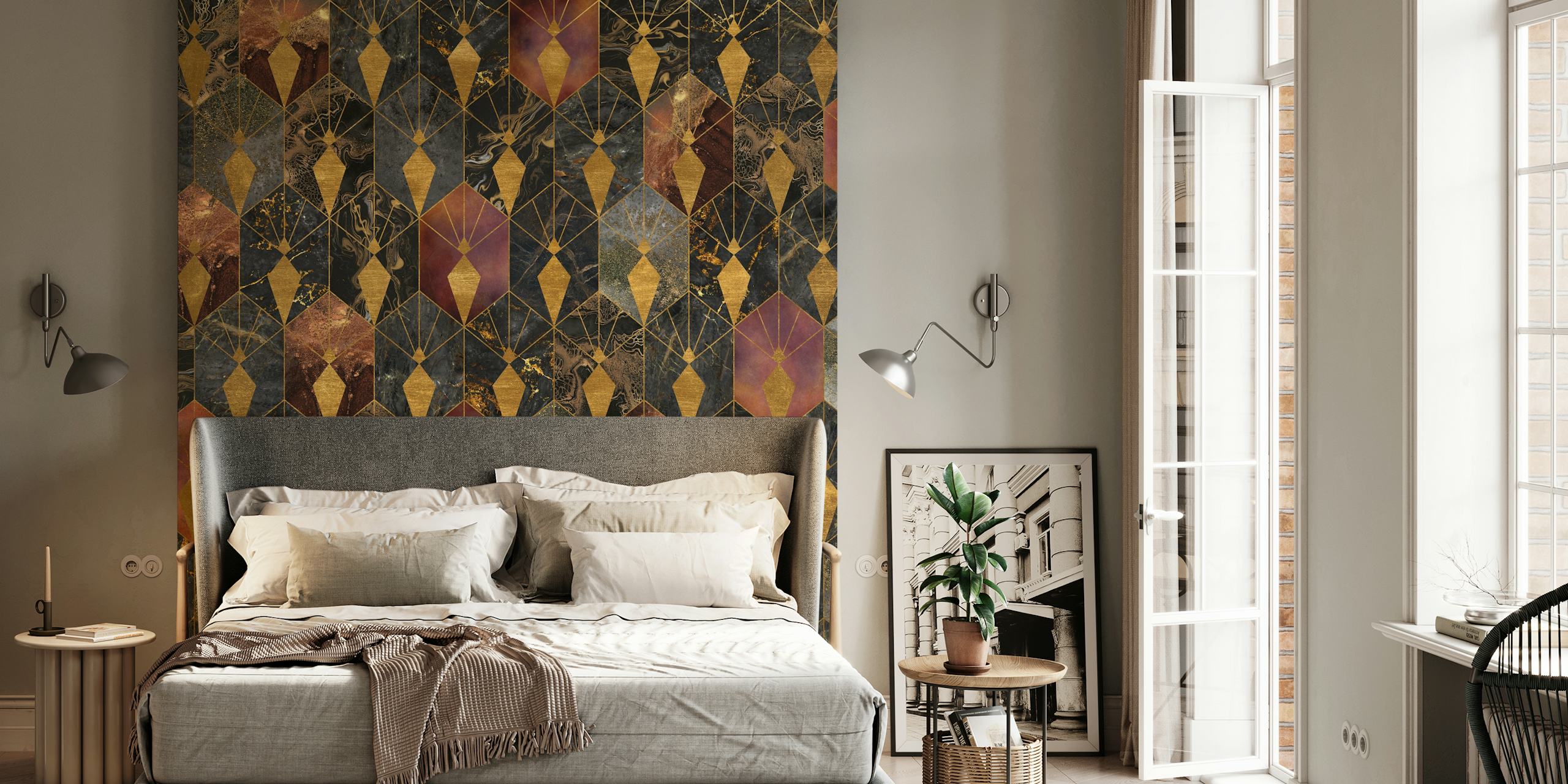 Colorful Hexagons Art Deco Wall Mural with a range of red and gold hues on happywall.com