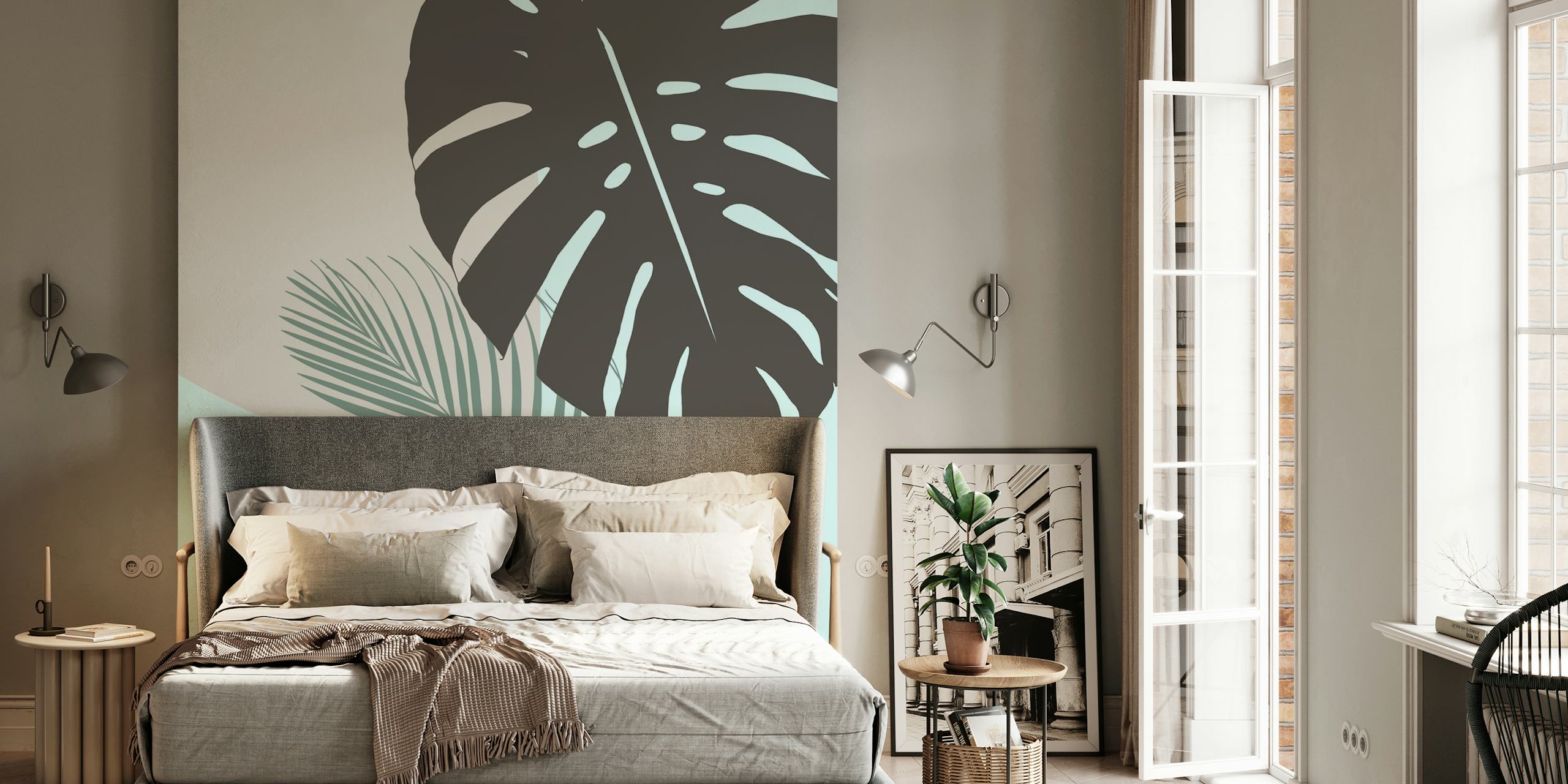 Monstera and palm leaves illustration in green and black on light blue background wallpaper